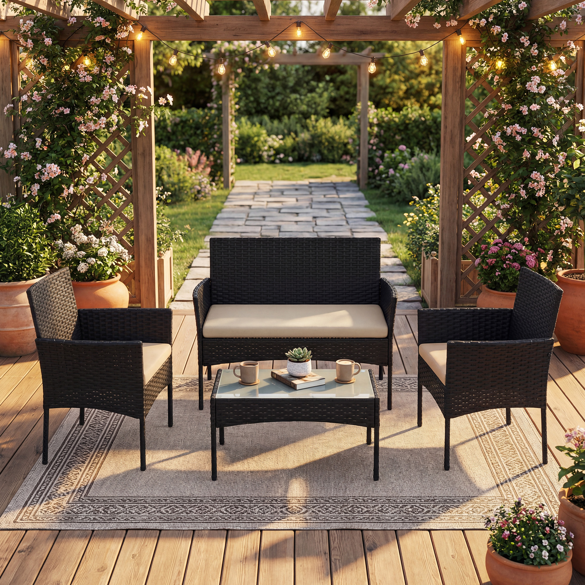 TEMU Ensemble de canapé de jardin d'extérieur, set de pièces avec table et chaises, matériau en PE , adapté pour terrasse, jardin, balcon