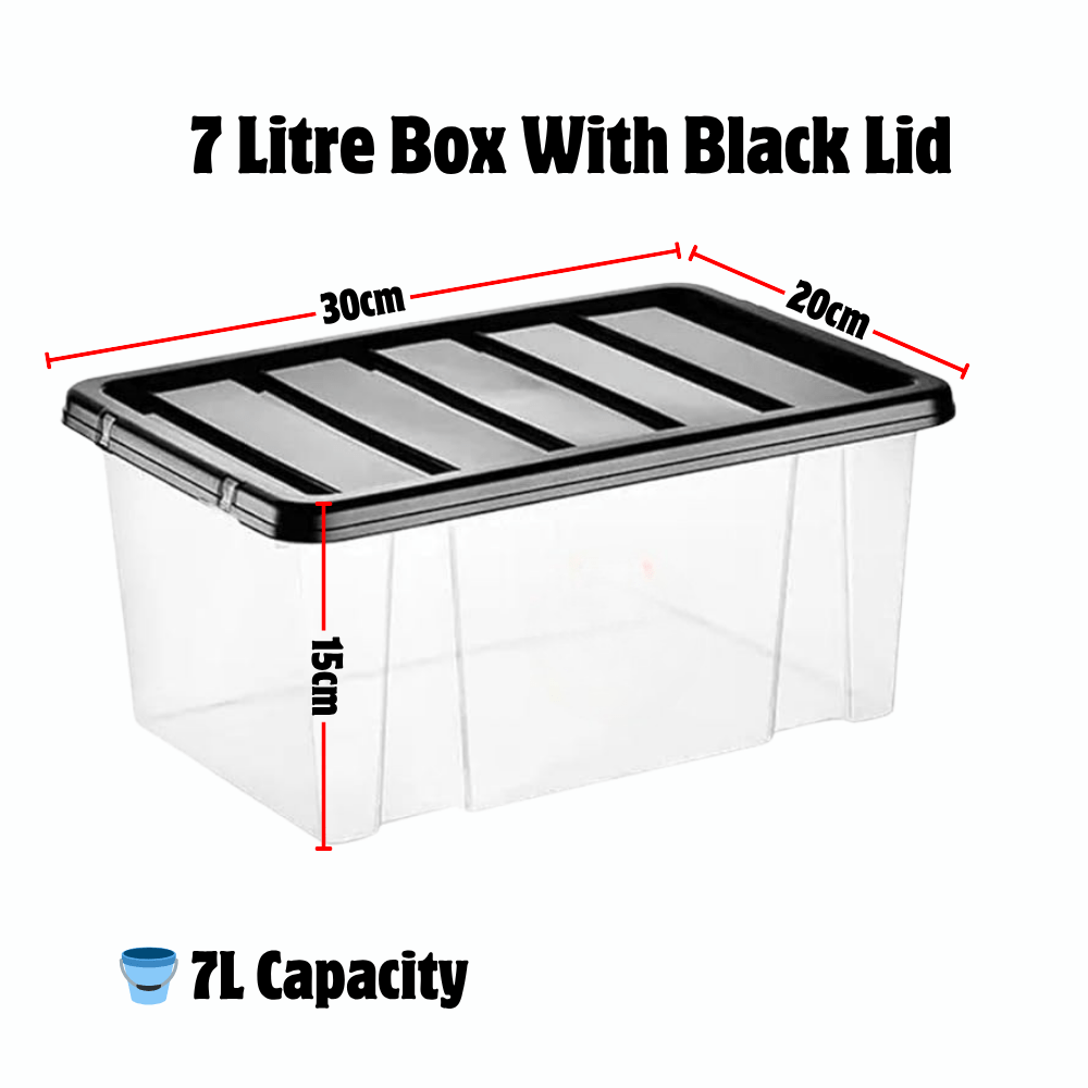 6-Pack Plastic 7 Litre Storage Boxes with Black Lid
