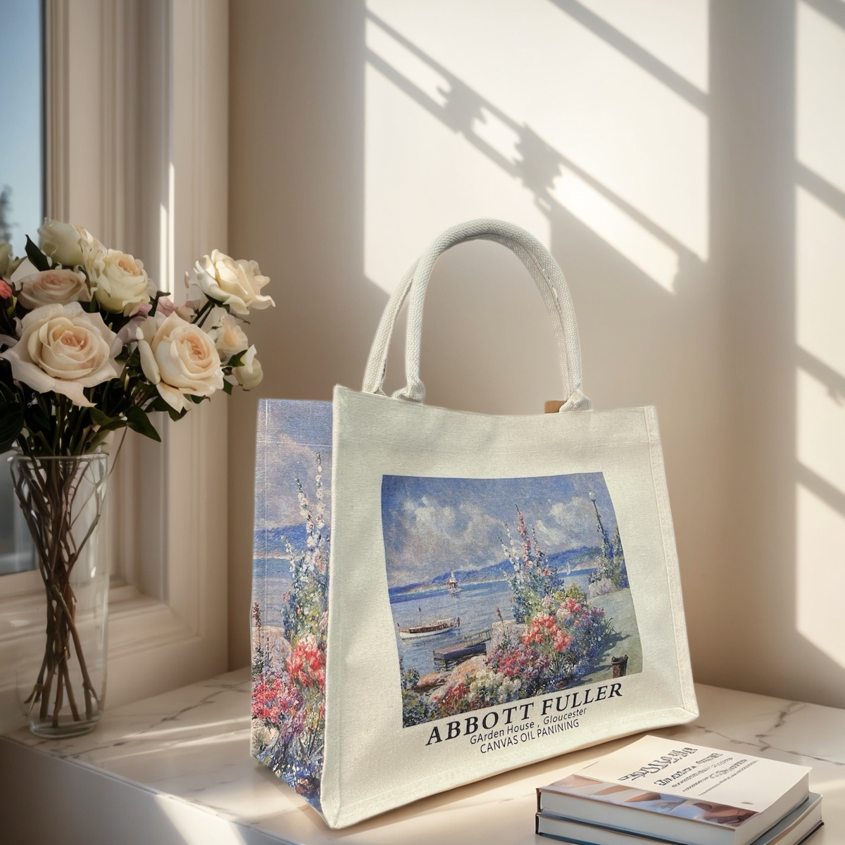 TEMU MEJORADA MT-104 Bolsas de estilo Tote Bag para mujer, Material de lona duradero con impreso estilo pintura al óleo, con cierre de Botones