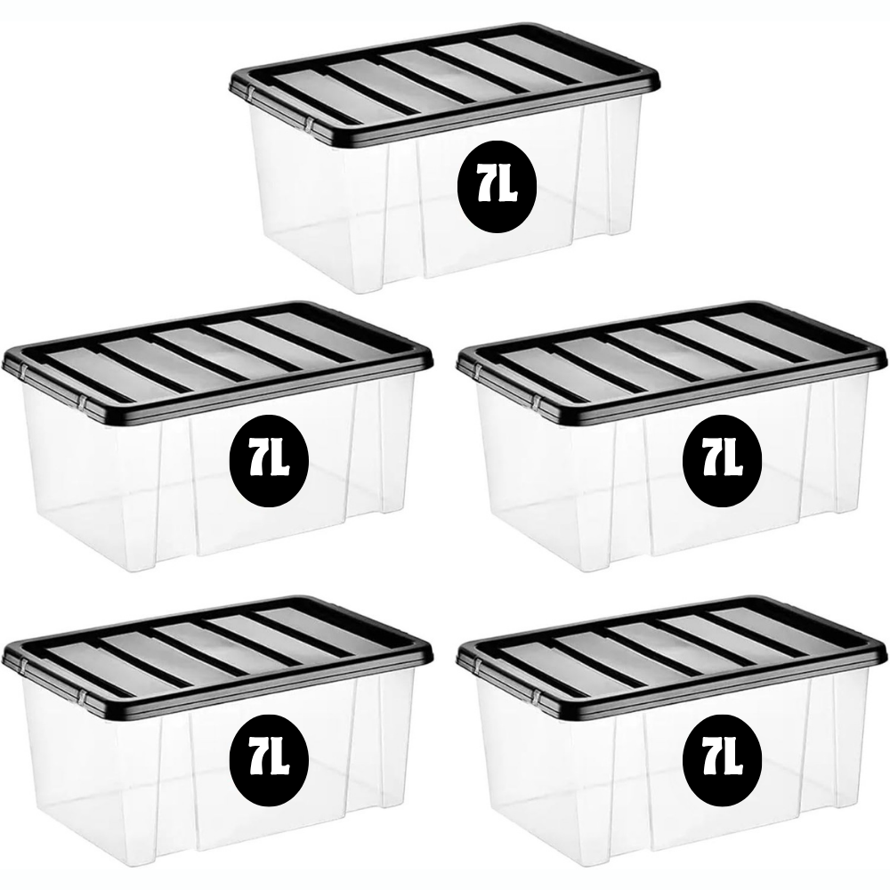 TEMU 5-pack Plastic 7 Litre / 7l Storage Boxes – Black Lid | Compact & Stackable | Durable Plastic With Clip Lock | Ideal For Home, Office & Garage