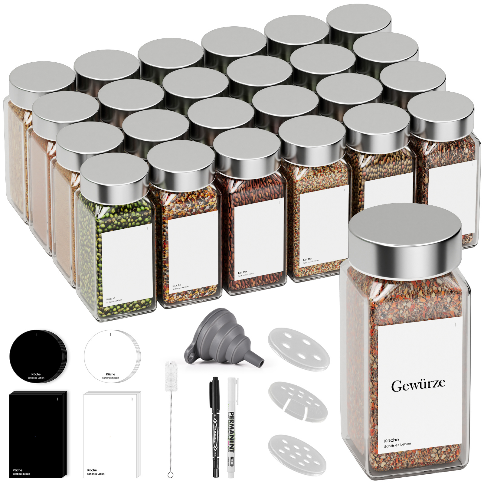 24pcs Square Spice Jars With Spice Dispenser, Stainless Steel Lid Spice Jars 120ml, Spice Jars Set, Glass Spice Sprinkler With Dispenser Attachment, Funnel, Labels & Chalk Marker, Kitchen Organizer