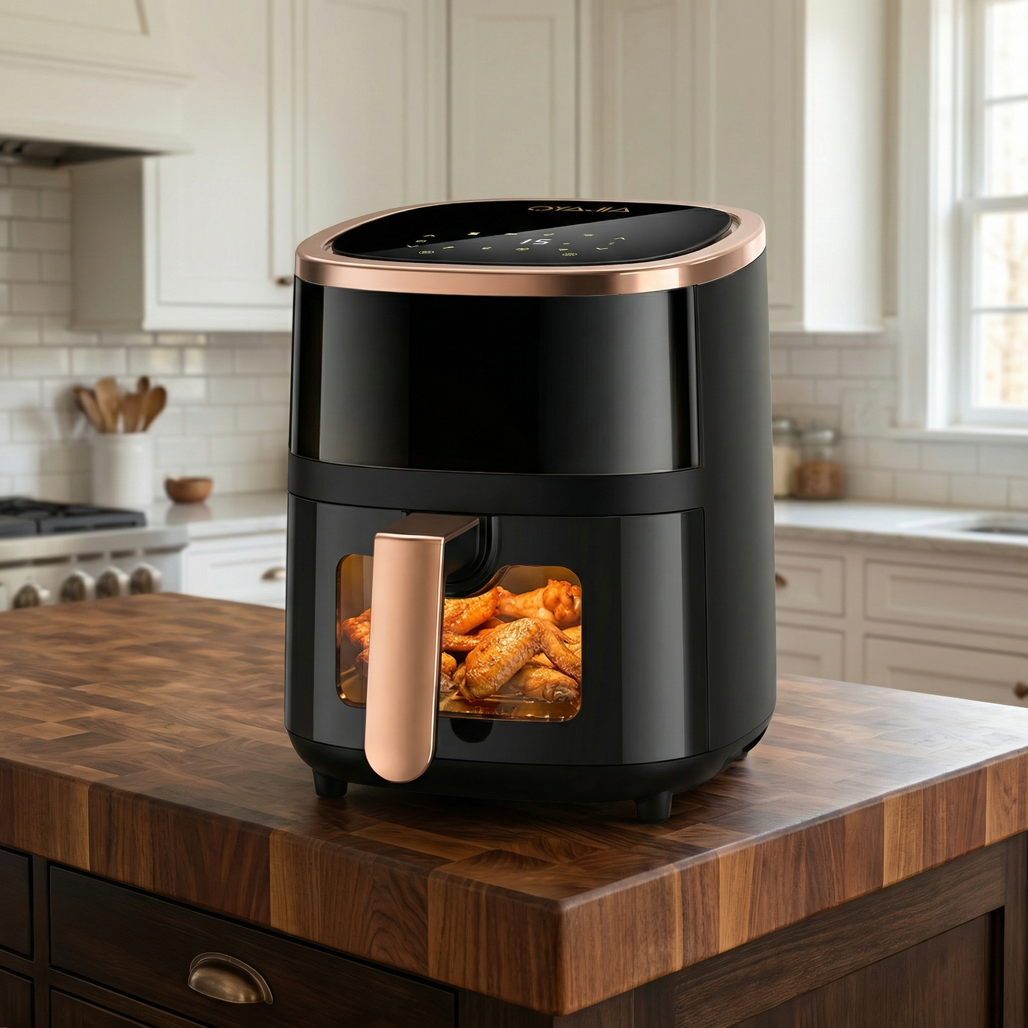 E-shop 6L Air Fryer mit Sichtfenster, 80–200 °C, digitaler Timer & LCD-Display, sanfte Dampfzugabe, 8 Voreinstellungen, einfache Reinigung, Schwarz mit