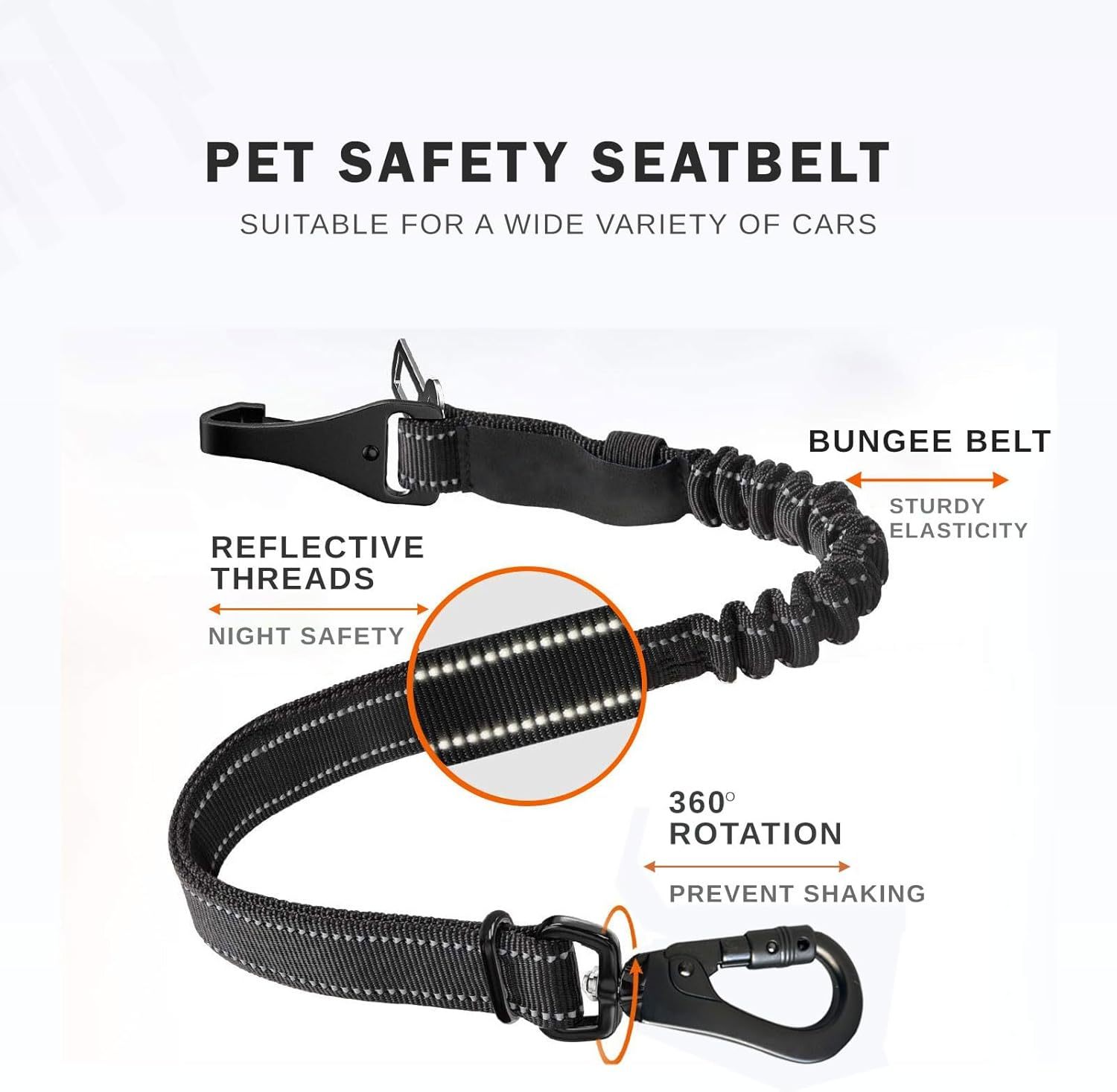 Dog Seatbelts for Cars, Adjustable with Anti Shock Bungee Buffer, and Solid Carabiner Clip, Best for Safety Belt Buckle ISOFIX and LATCH