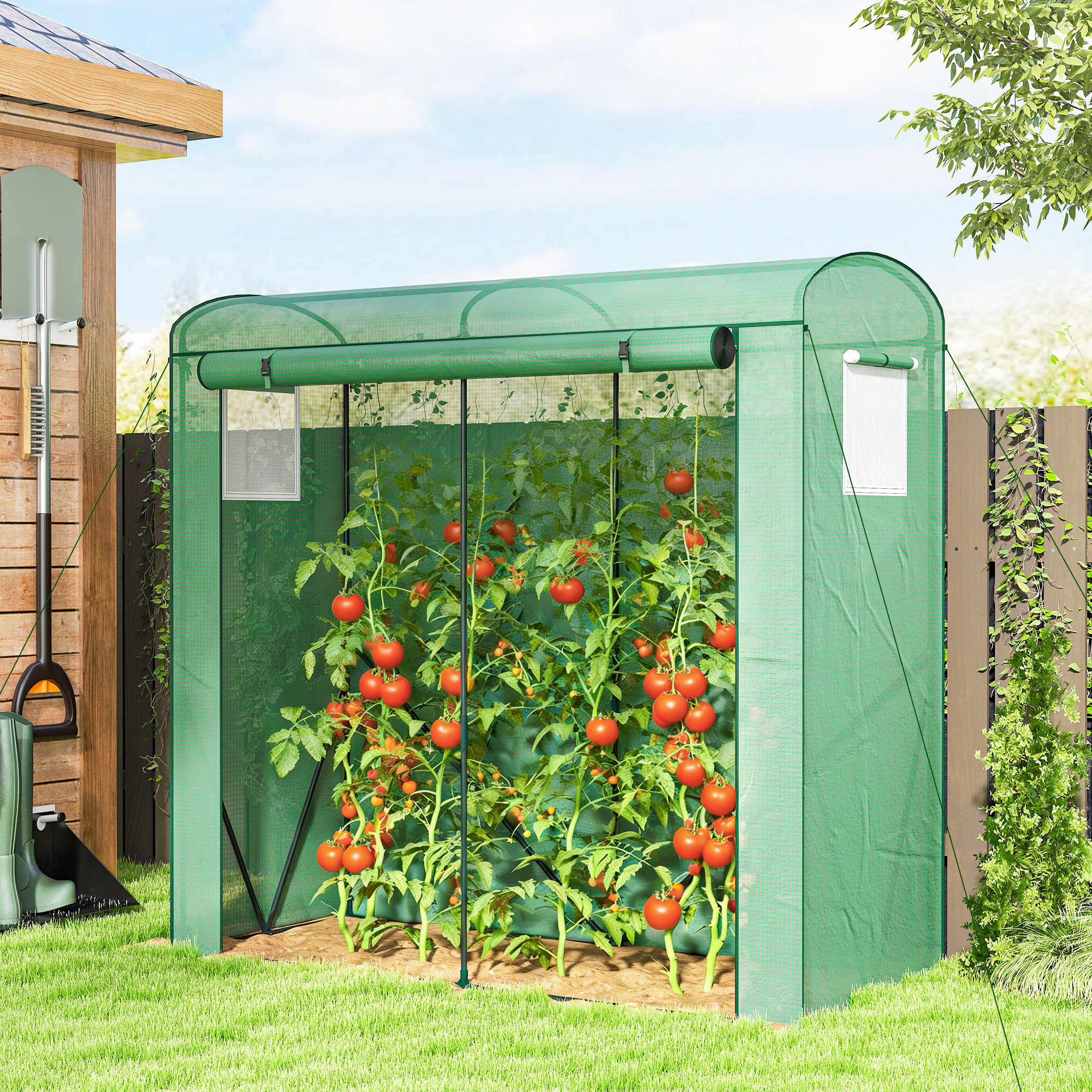 Image of Greenhouse With Mesh Windows, Roll-up Door, Steel Film Greenhouse, 200 X 75 X 188 Cm, Tomato Greenhouse For Tomatoes, Vegetables, Flowers, Plants, Green