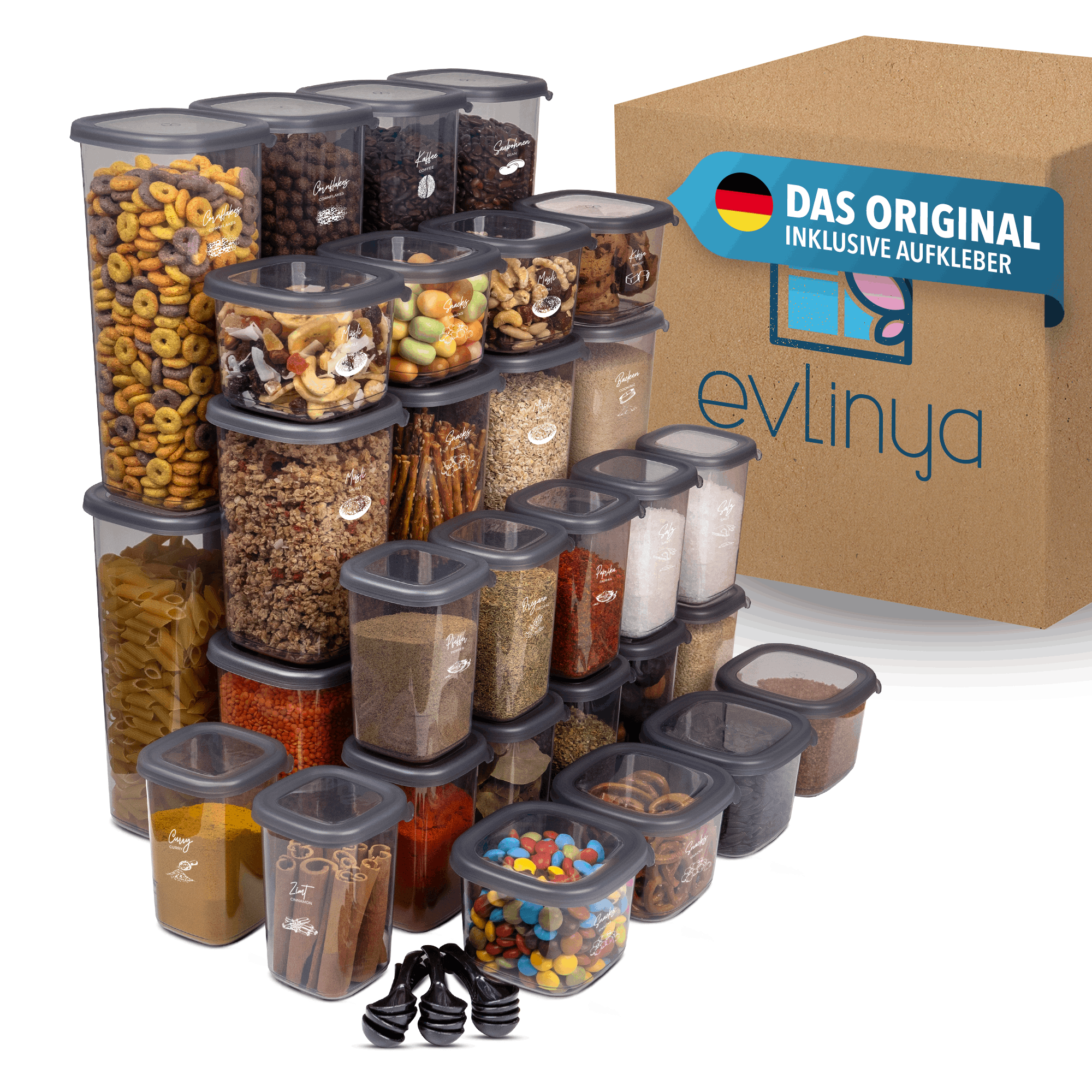 E-shop EVLINYA Aufbewahrungsdosen Set 36-teilig – Mix aus 4 Größen (1750 ml/1200 ml/550 ml/450 ml) für Küche & Vorratskammer, stapelbare, transparente