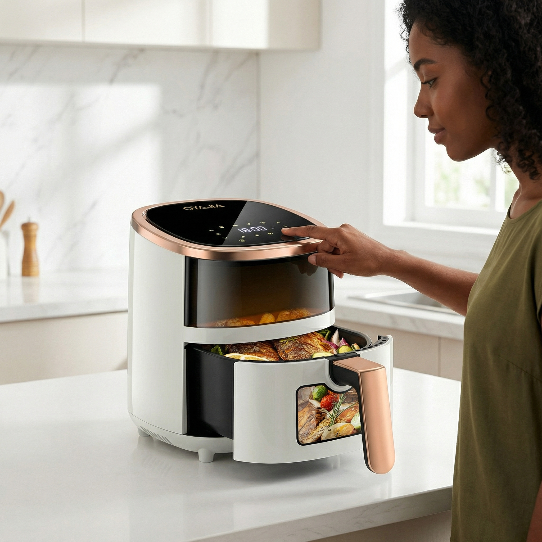 E-shop 4.5L Heißluftfritteuse, AirFryer XXL Fassungsvermögen, 8 voreingestellte Programme, beleuchtetes Sichtfenster, bis zu 65% schnelleres Kochen
