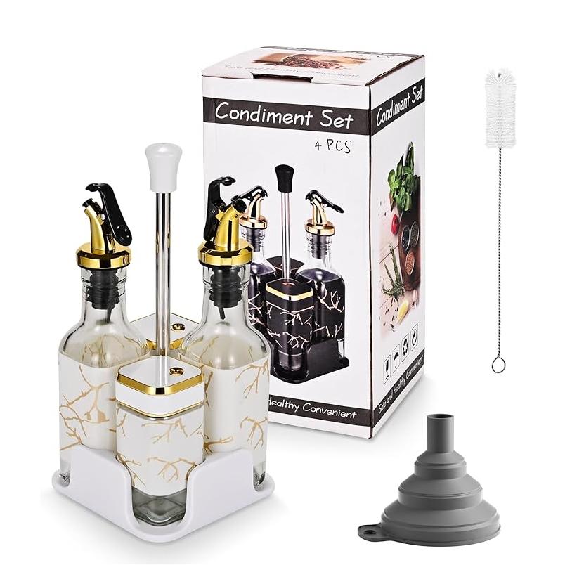 E-shop 2er Gewürzgläser Eckig mit Drehdeckel + 2er Glas Olivenöl Ölflasche mit Sockel - Salz und Pfefferstreuer Essig Öl Set - Gewürzstreuer Set -