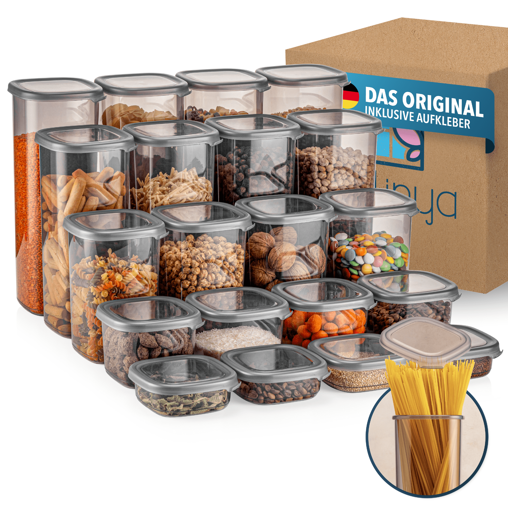 E-shop EVLINYA Aufbewahrungsdosen Set 20-teilig – Mix aus 5 Größen (2000 ml/1750 ml/1200 ml/550 ml/250 ml) für Küche & Vorratskammer, stapelbare,