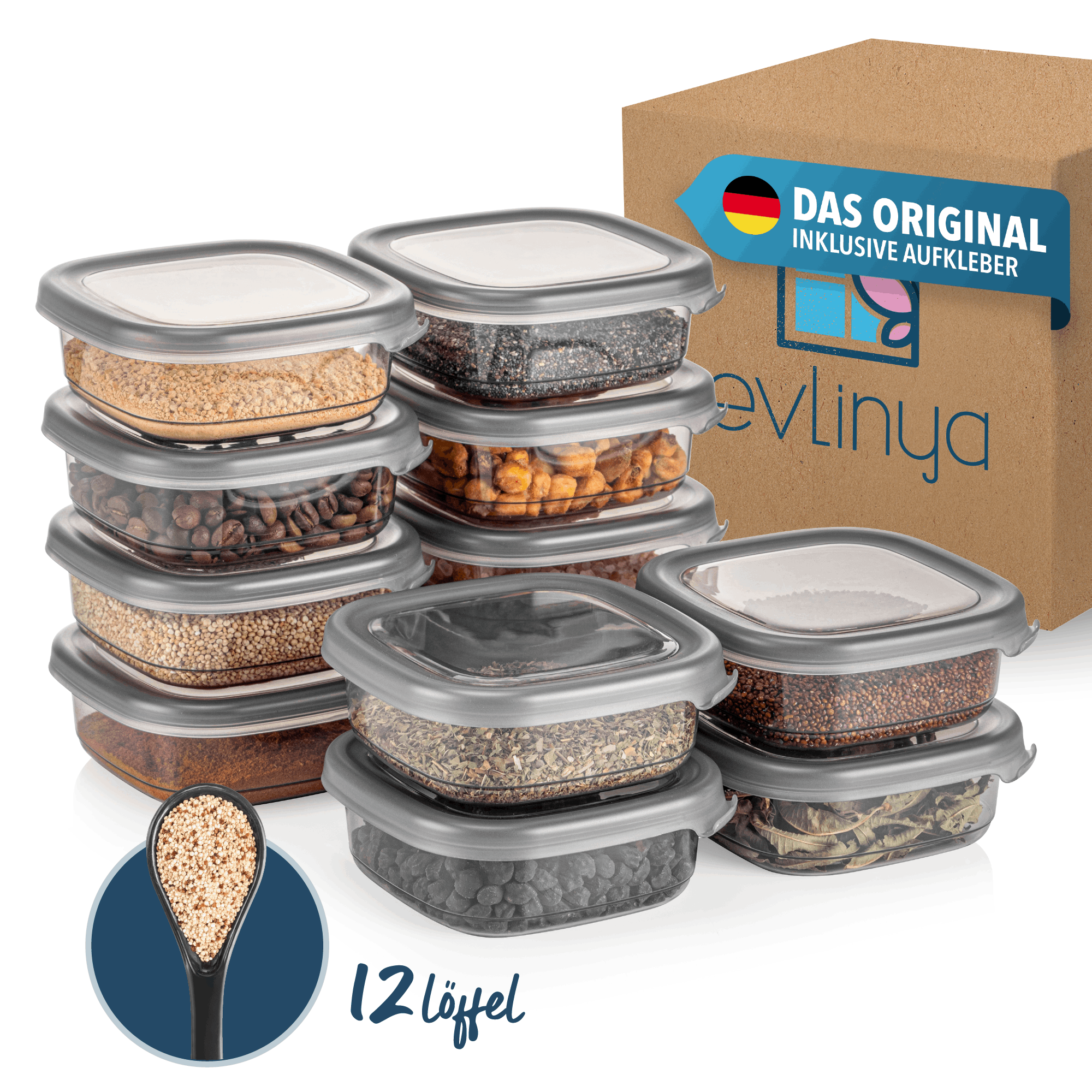 E-shop EVLINYA Aufbewahrungsdosen Set 12-teilig – Mix aus 1 Größen (250 ml) für Küche & Vorratskammer, stapelbare, transparente Vorratsbehälter mit