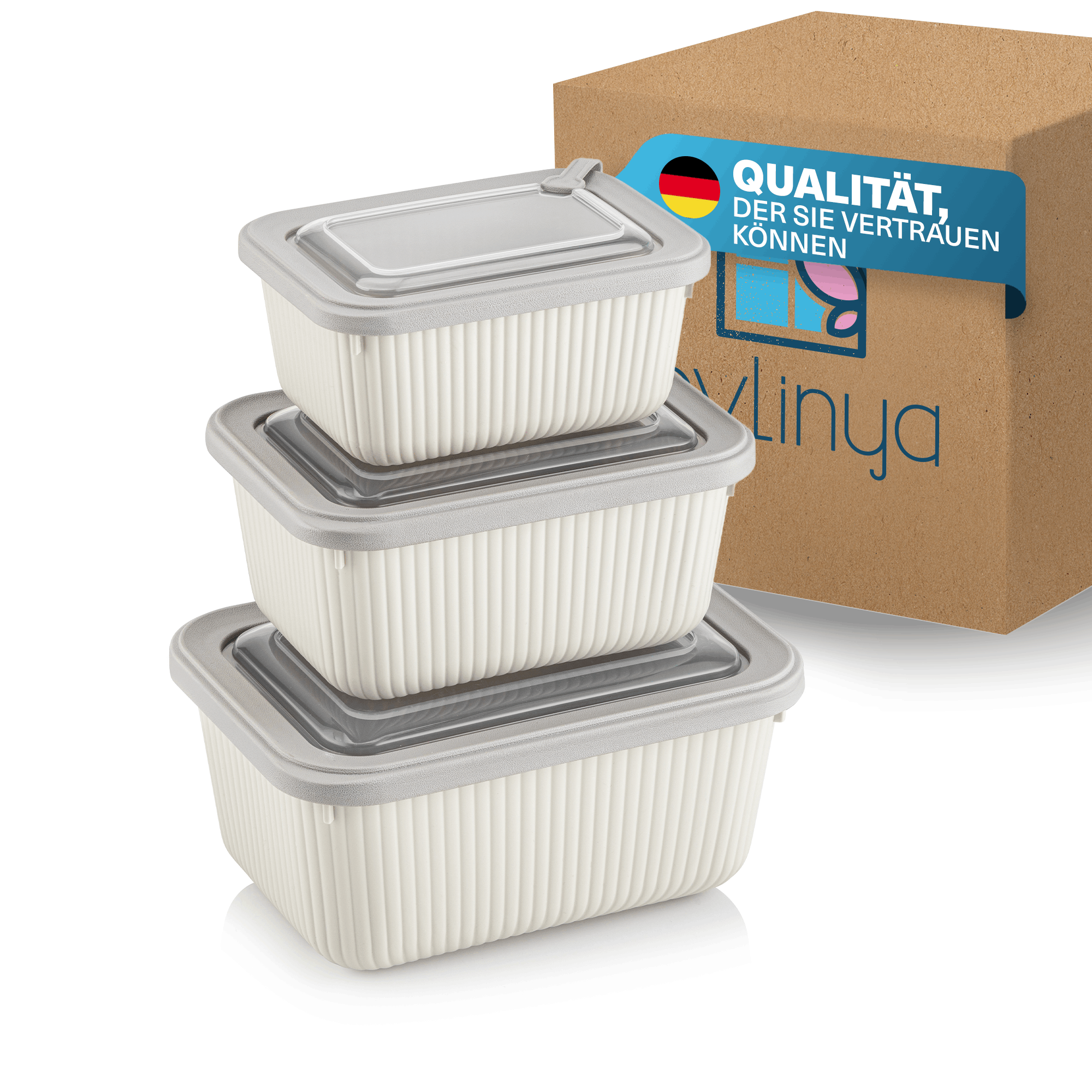 TEMU Evlinya Fresh Storage Can Set 3pcs Beige - Rectangular Storage Boxes With Lids In 3 Sizes (600ml/1100ml/1800ml), Stackable & Space-saving For
