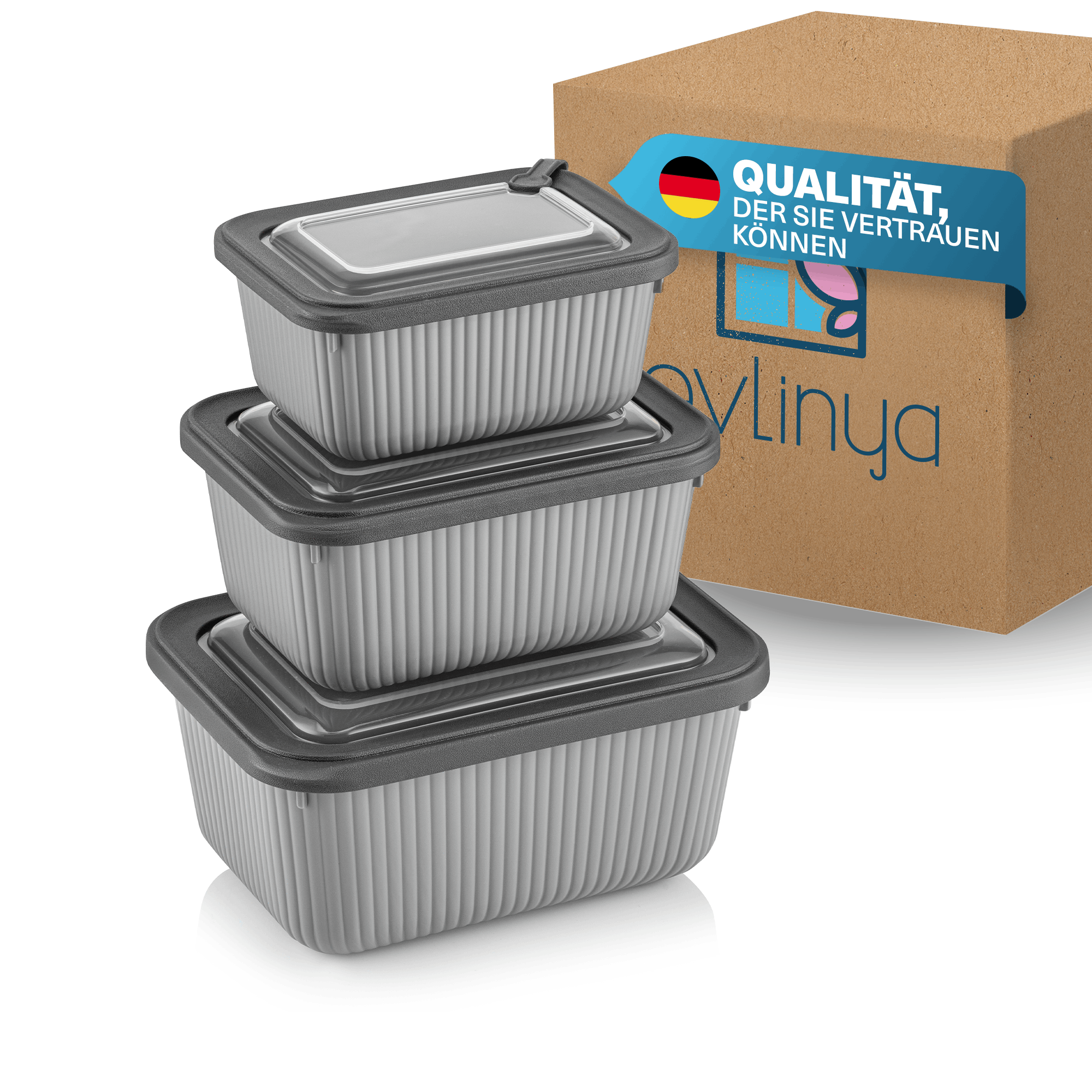 TEMU EVLINYA Line Frischhaltedosen Set 3-teilig Grau – rechteckig Aufbewahrungsboxen mit Deckel in 3 Größen (600ml/1100ml/1800ml), stapelbar &