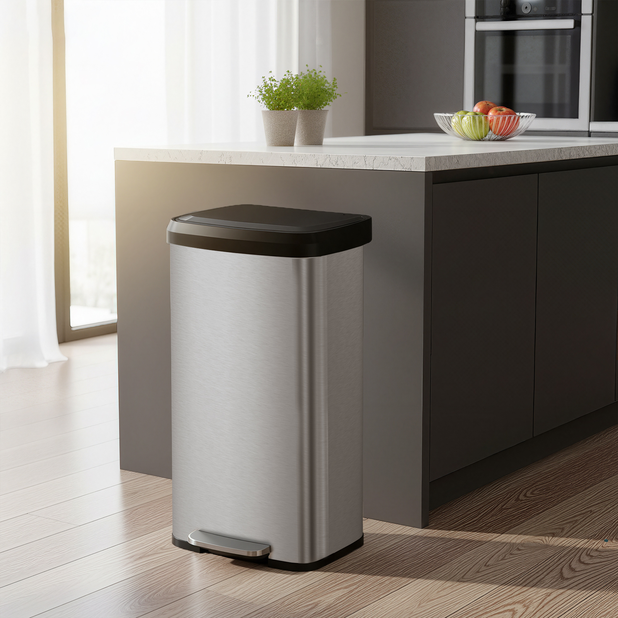Kitchen Trash Can, 68-liter Waste Bin, Step-on Metal Trash Can With Lid, Tall, Slim, And Spacious, Black/silver/white