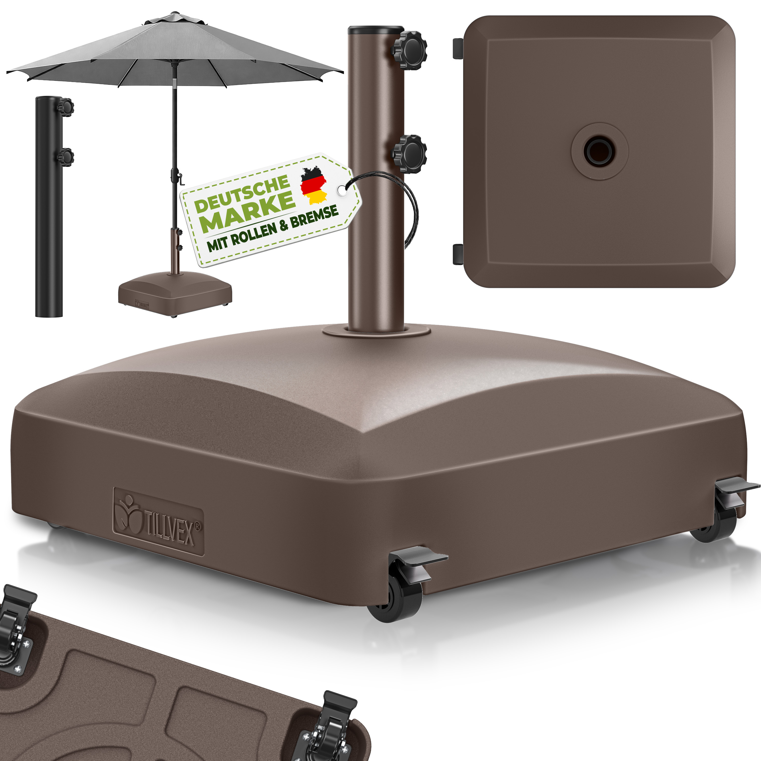 TEMU Tillvex® Soportes para Sombrilla con Ruedas y Frenos | Soporte para Sombrilla Reutilizable 37 Litros / 56 Kg | Soporte para Sombrilla de Peso