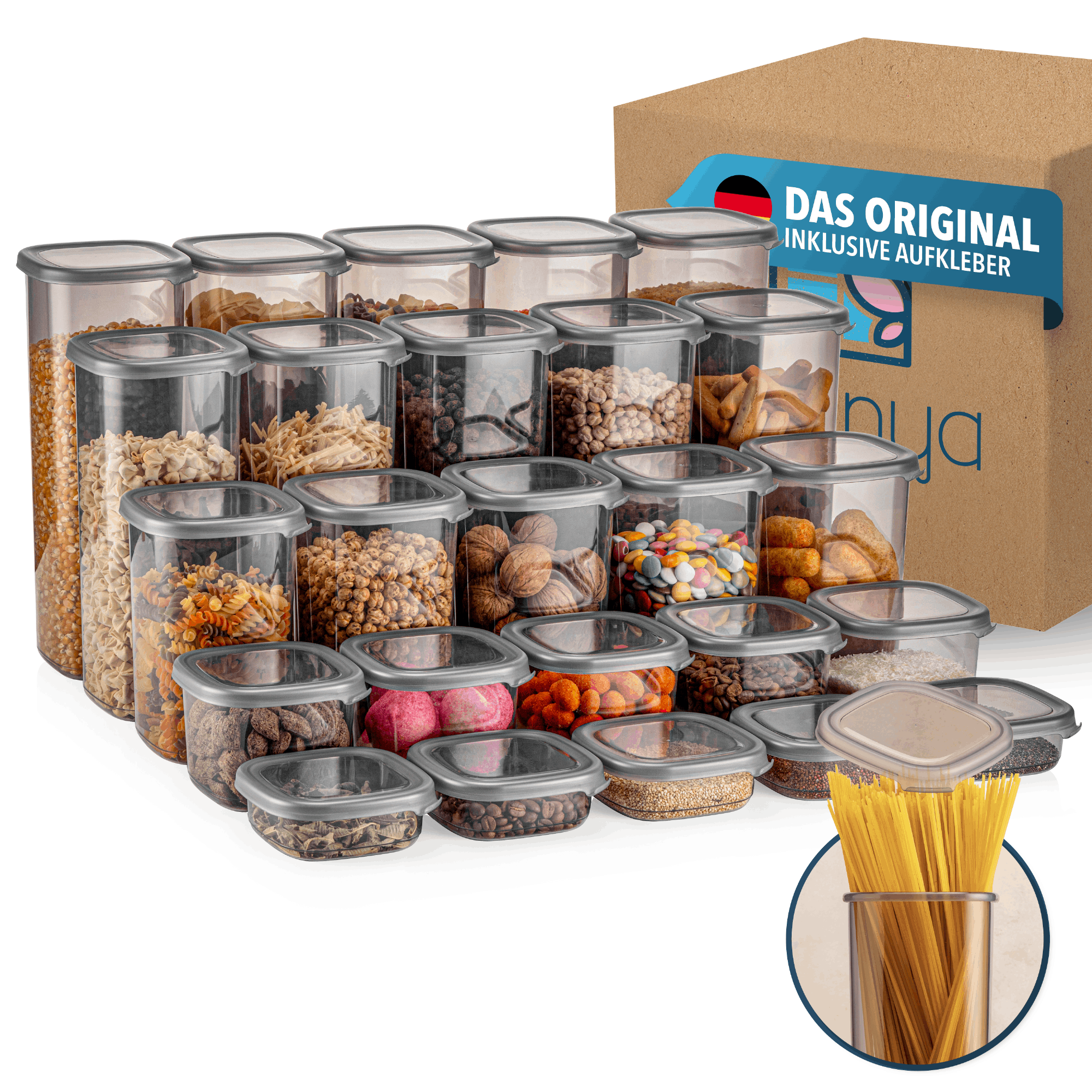 E-shop EVLINYA Aufbewahrungsdosen Set 25-teilig – Mix aus 5 Größen (2000 ml/1750 ml/1200 ml/550 ml/250 ml) für Küche & Vorratskammer, stapelbare,