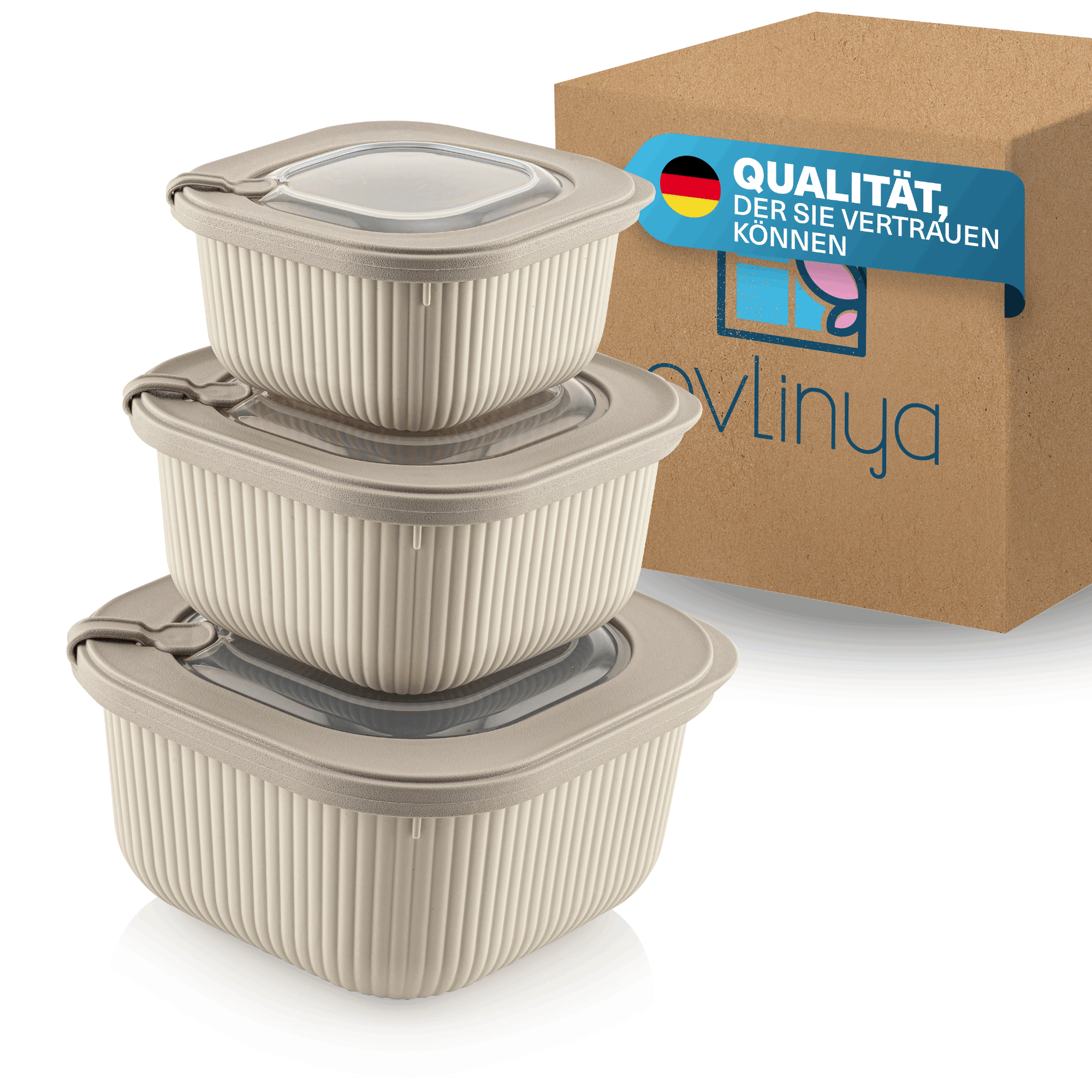 TEMU EVLINYA Line Frischhaltedosen Set 3-teilig Beige – quadratisch Aufbewahrungsboxen mit Deckel in 3 Größen (600ml/1100ml/1800ml), stapelbar &