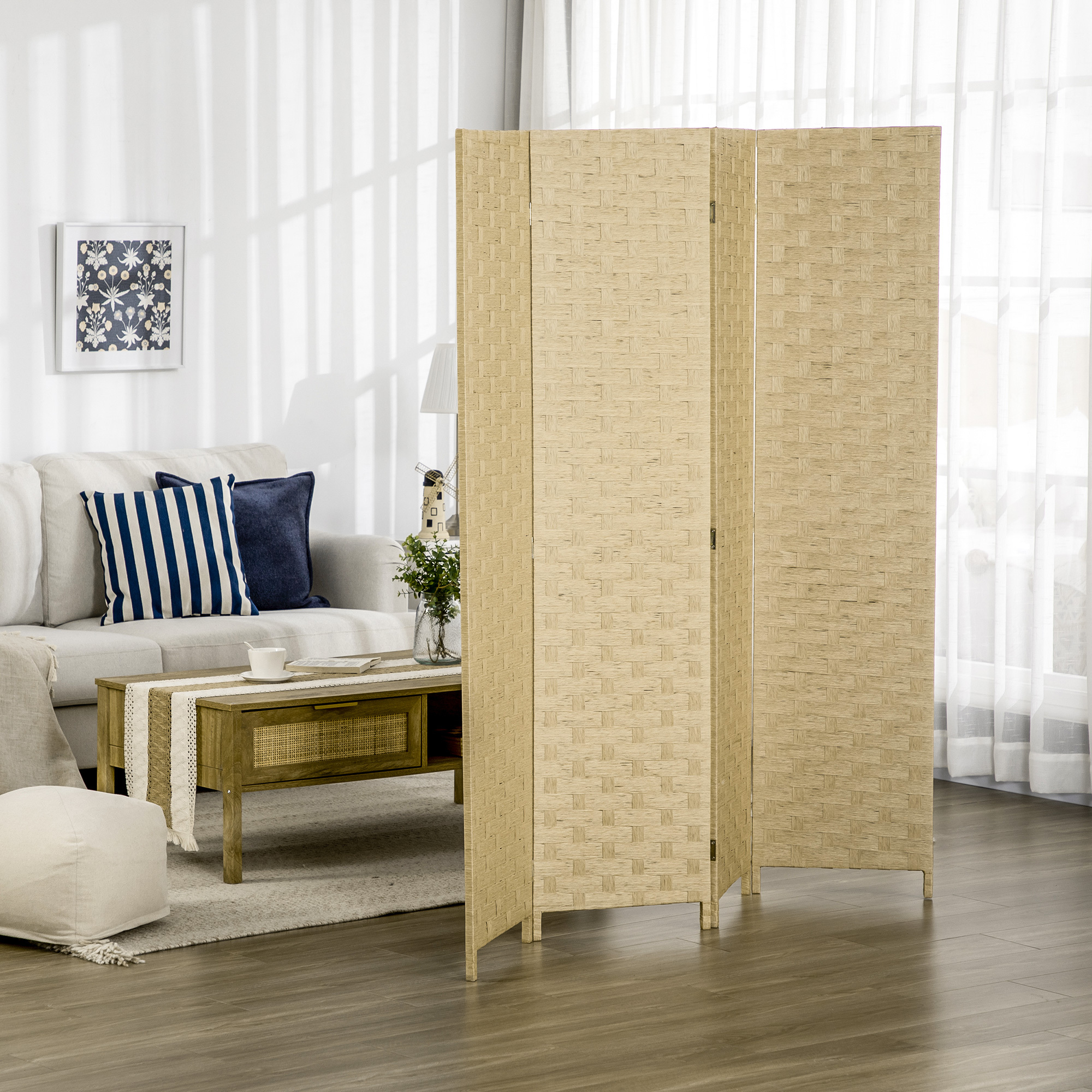 4-part Room Divider 160 X 170 Cm, Foldable Partition Wall Made Of Corrugated Fiberboard, Freestanding Privacy Screen For Living Room, Bedroom, Office, Brown