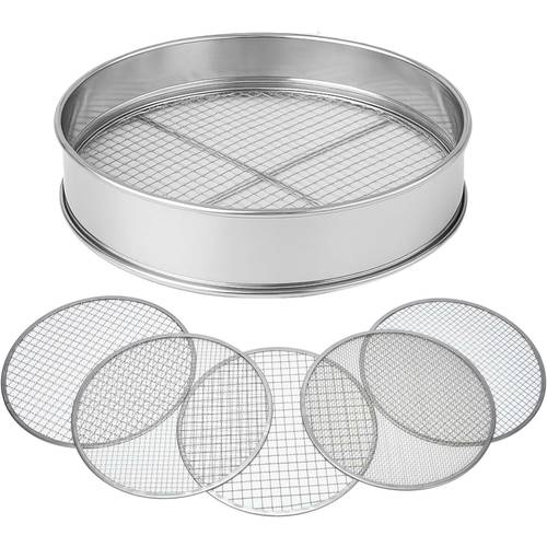 5pcs stainless steel soil sieve set heavy duty garden compost sifter with 5 interchangeable mesh inserts 3mm 5mm 8mm 10mm 12mm multi purpose sifting pan for soil sand gravel compost
