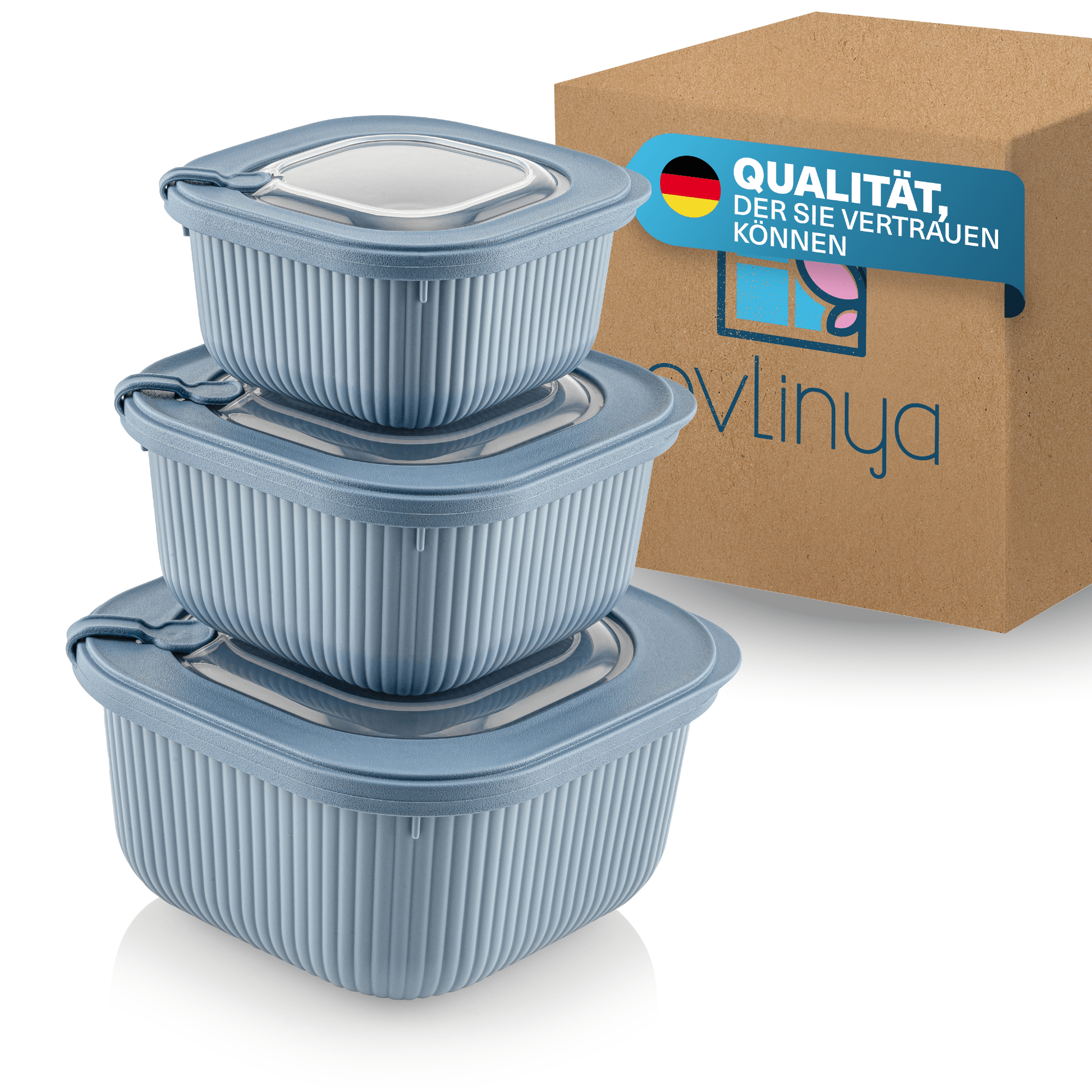 TEMU EVLINYA Line Frischhaltedosen Set 3-teilig Blau – quadratisch Aufbewahrungsboxen mit Deckel in 3 Größen (600ml/1100ml/1800ml), stapelbar &