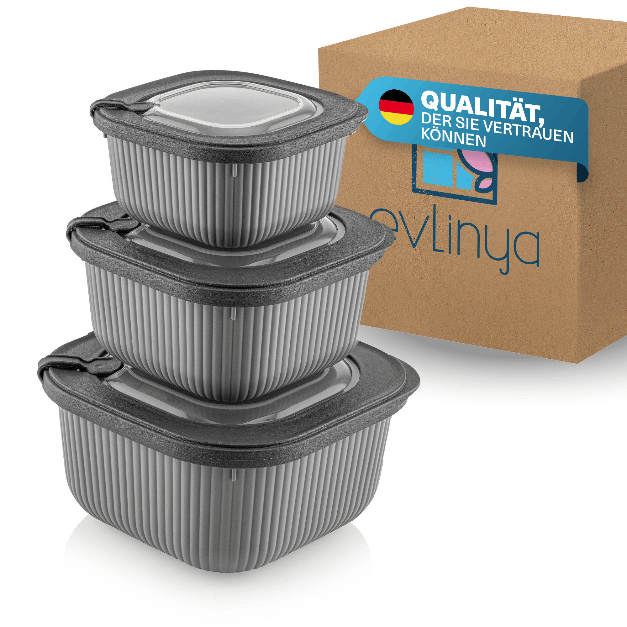 TEMU EVLINYA Line Frischhaltedosen Set 3-teilig Grau – quadratisch Aufbewahrungsboxen mit Deckel in 3 Größen (600ml/1100ml/1800ml), stapelbar &