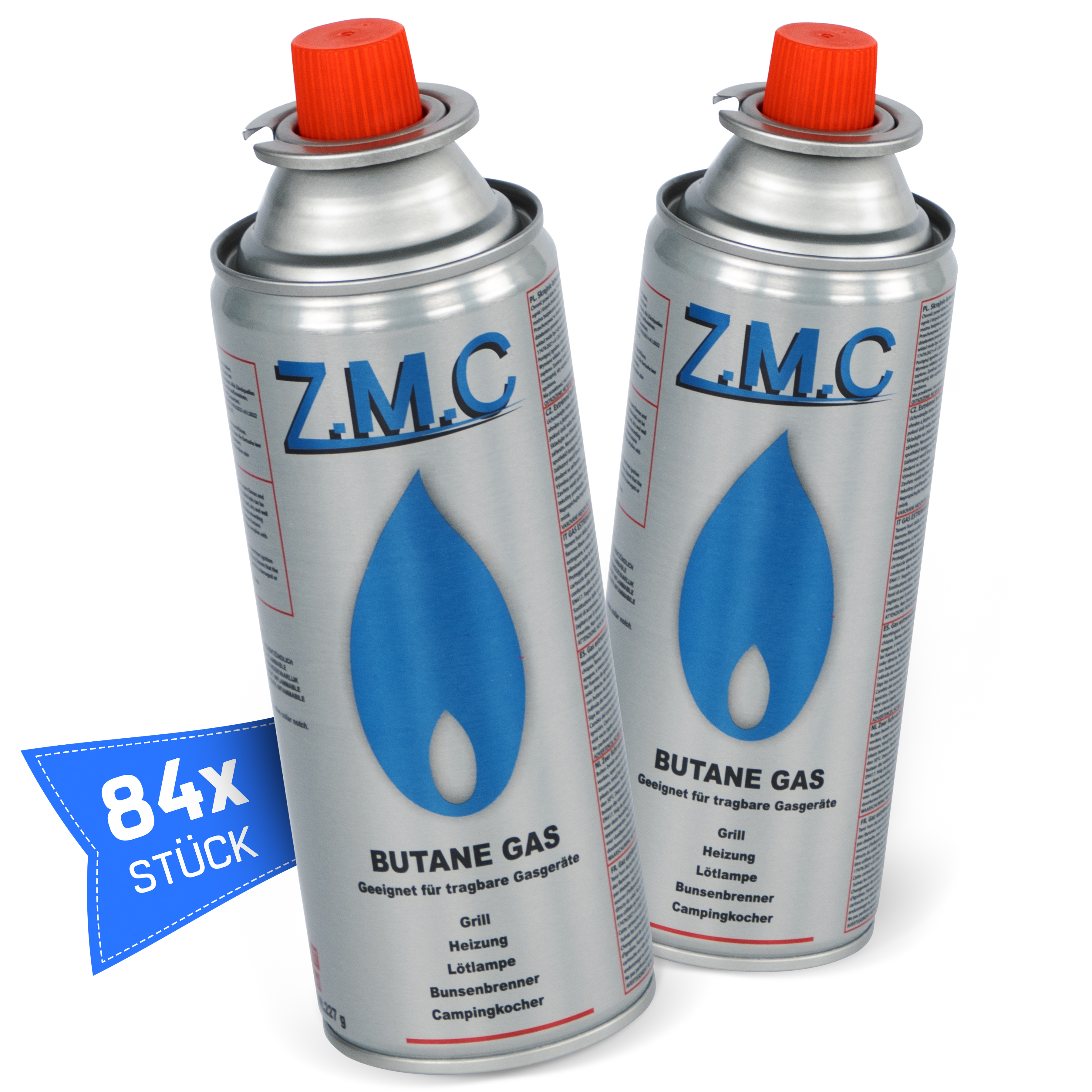 E-shop ZMC 84× Butan Gaskartuschen 227 g mit Ventil Typ MSF-1a | Universal-Gaskartusche mit Bajonett-Anschluss | Passend für Campingkocher, Gaskocher,