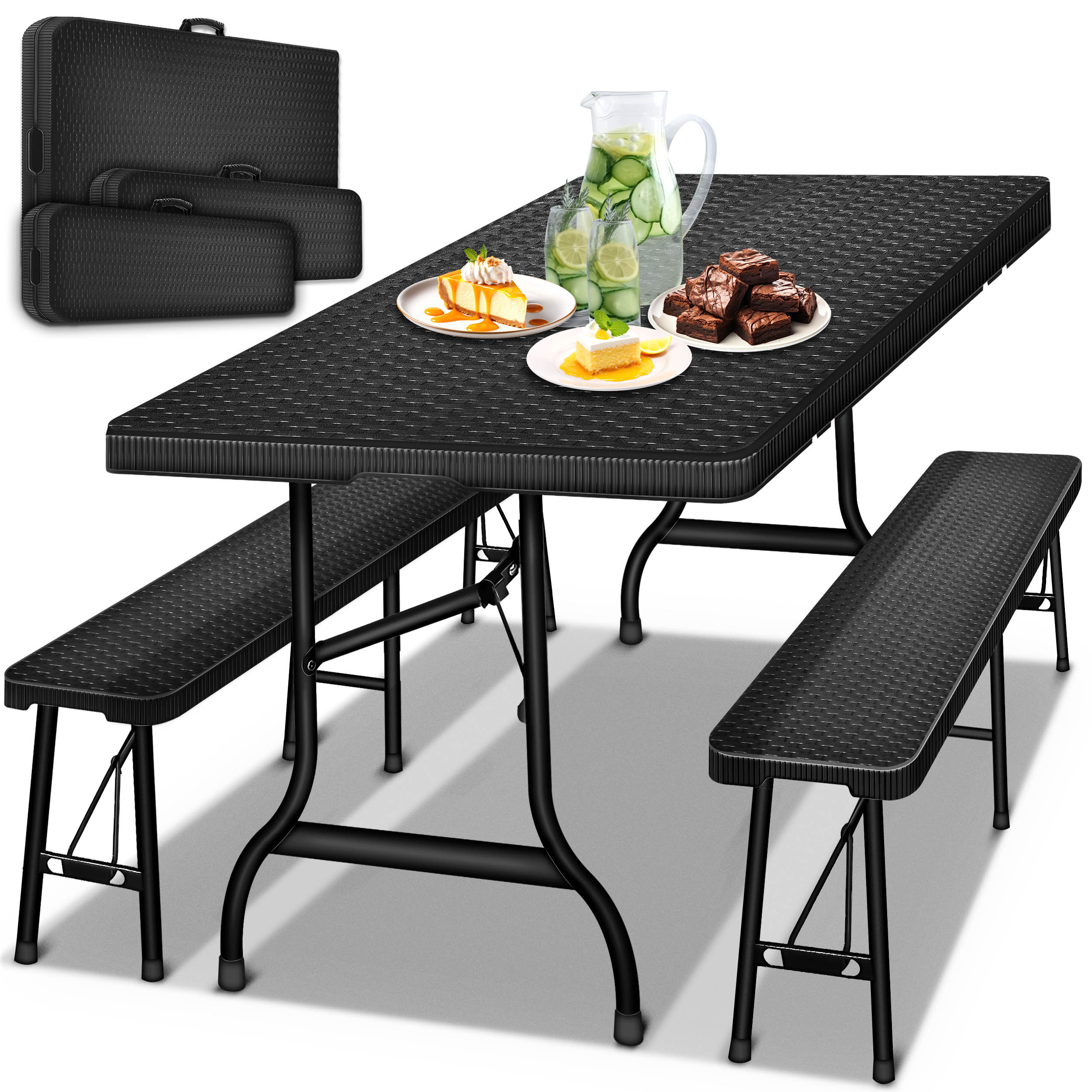 E-shop tillvex® Bierzeltgarnitur 180 cm 3-teilig Set Kunststoff Gartengarnitur Rattan Wetterfest 2x Bierbank 1x Gartentisch Gartenmöbel Tisch Bank