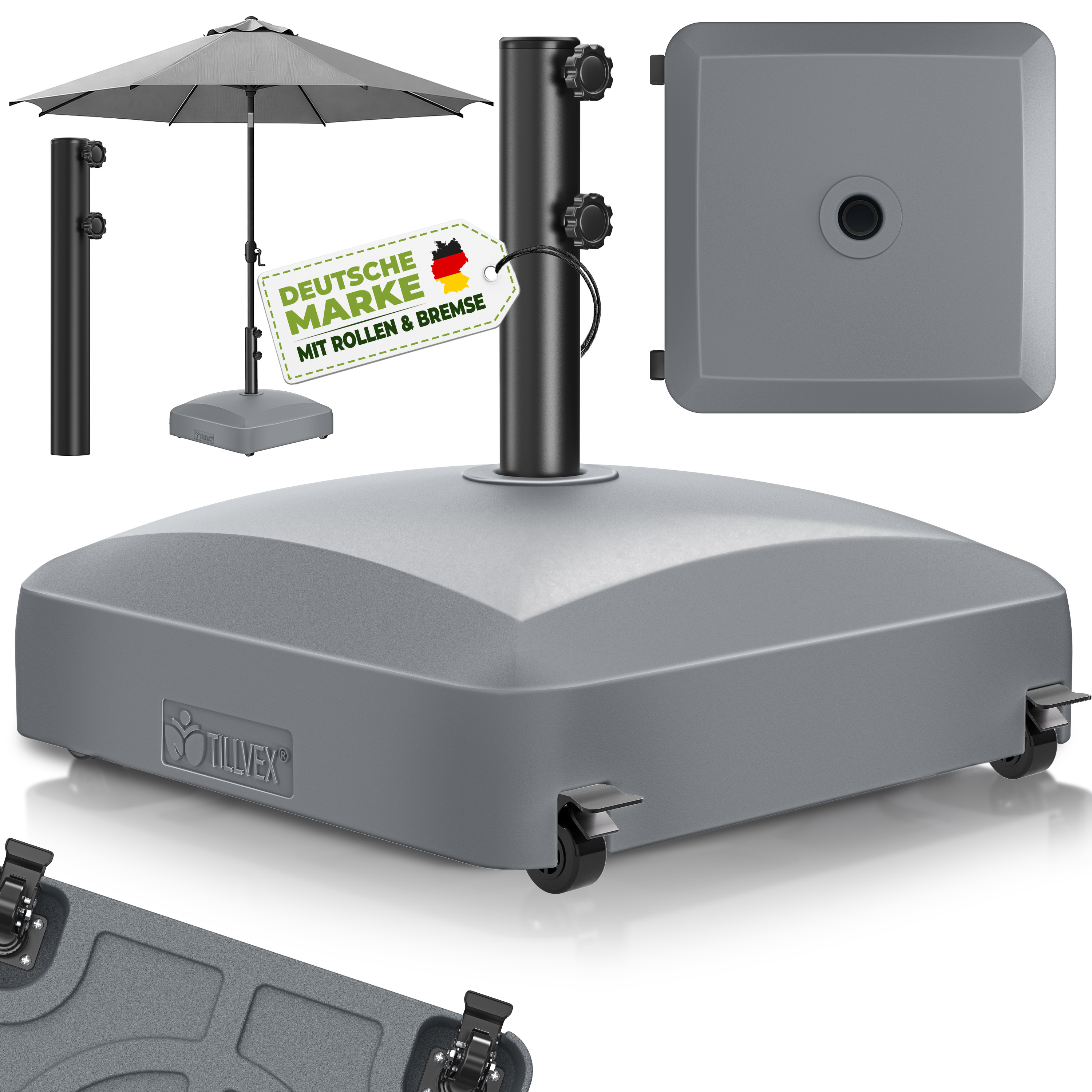 TEMU Tillvex® Soportes para Sombrilla con Ruedas y Frenos | Soporte para Sombrilla Reutilizable 37 Litros / 56 Kg | Soporte para Sombrilla de Peso