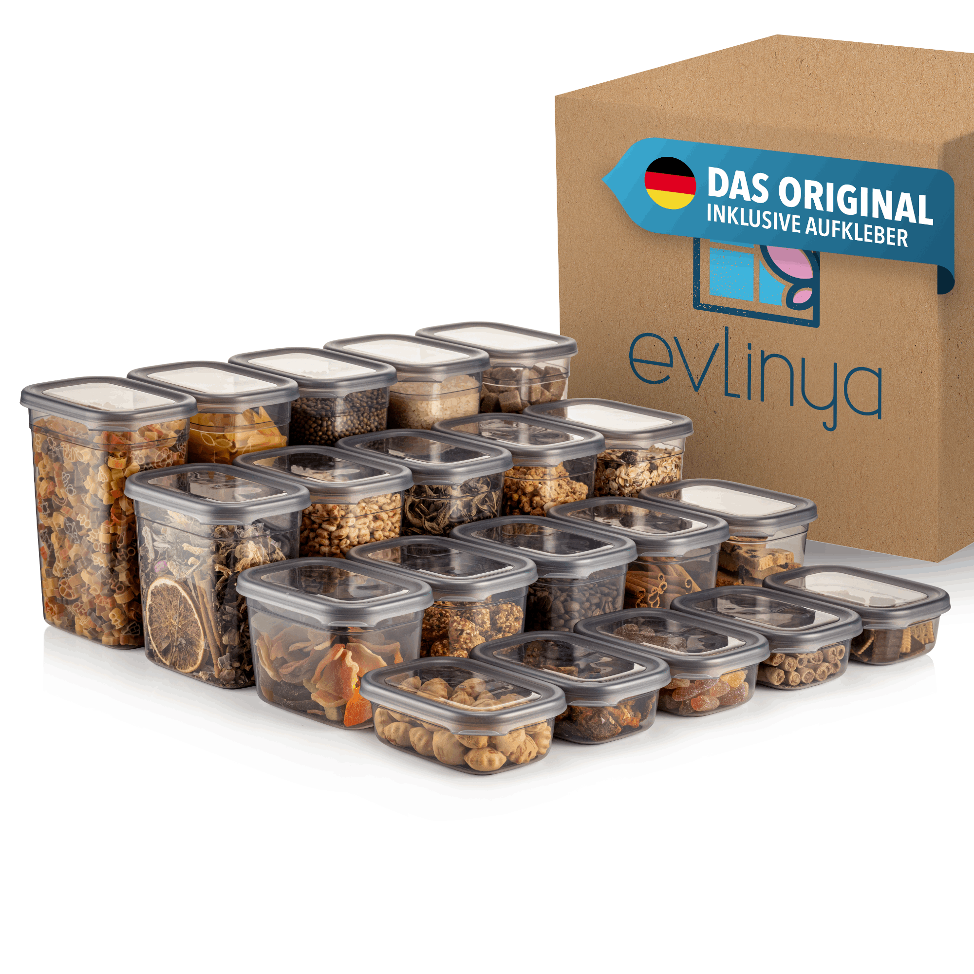 E-shop EVLINYA Vorratsdosen Set 20-teilig – rechteckige Aufbewahrungsbehälter mit Deckel (400ml/800ml/1150ml/1500ml) für Küche & Vorratskammer,