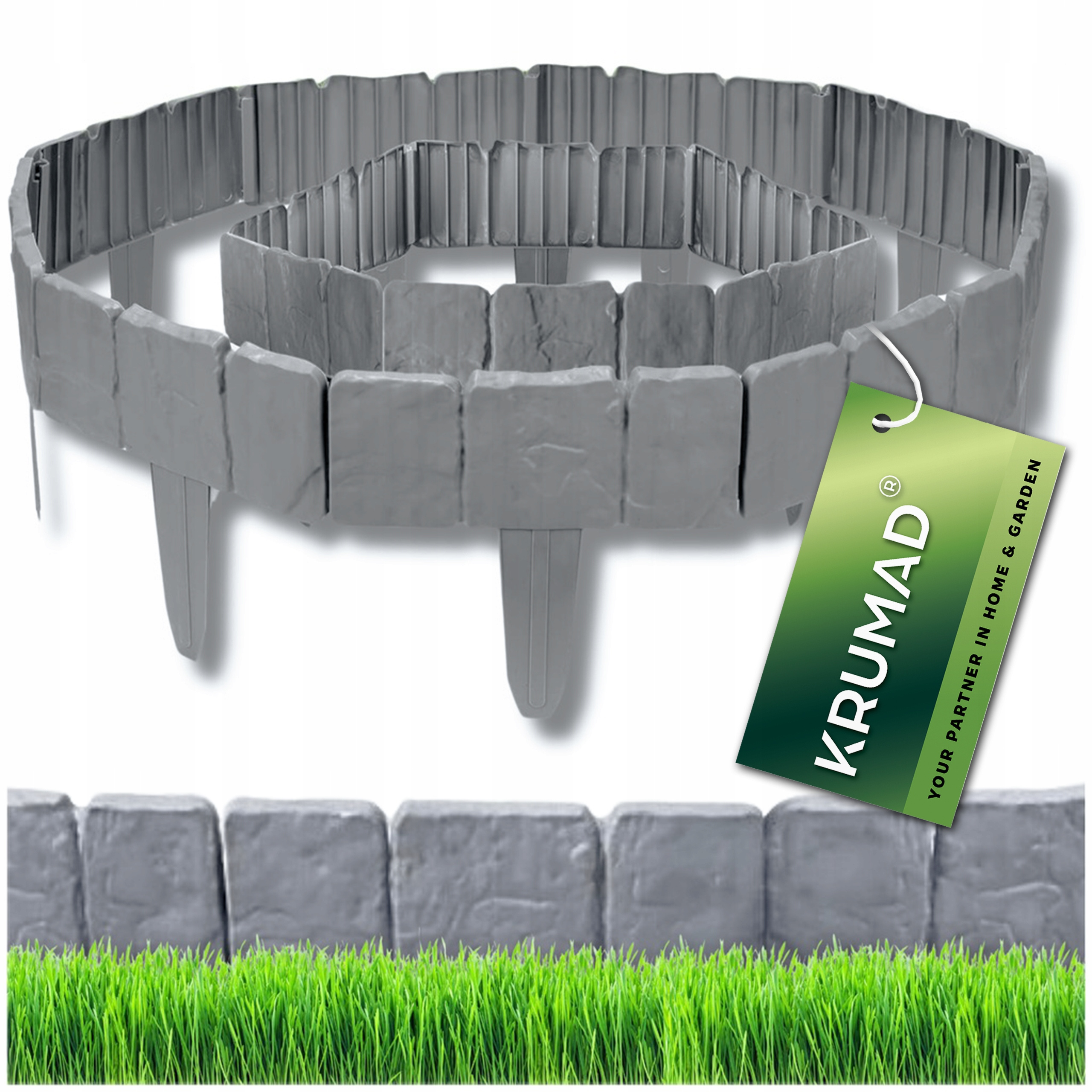 TEMU Garden Border Krumad 250 Cm Grey Stone Effect, Plastic For Lawn, Decorative Border To Insert Ground For Flower Beds, And Green Areas, Fencing To