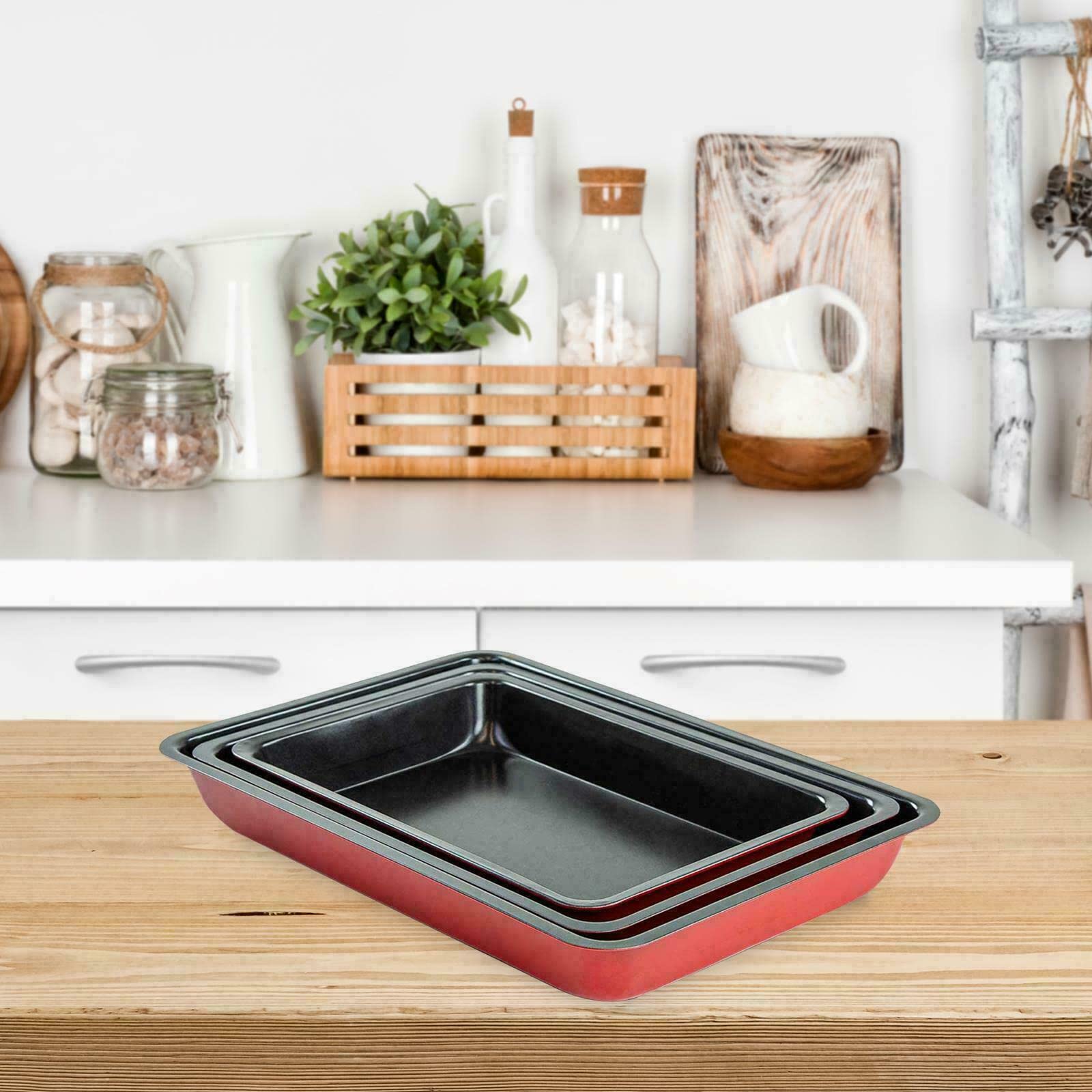 TEMU 3pcs Non Stick Roasting Tray Set - Heavy Duty Trays - Oven Dish Bake Pan Bakeware Cookware - Easy Clean - Black/red Trays