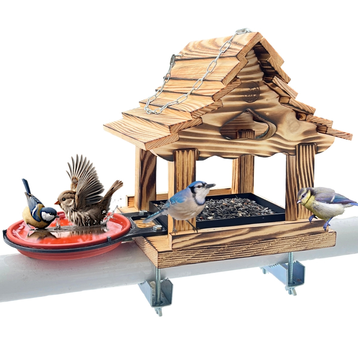 Birdhouse For With 2 Balcony Holders, Bird Feeder House Balcony Railing Bird Hanging Stable Feeding Station With Drawer For Bird Food, Drink, .