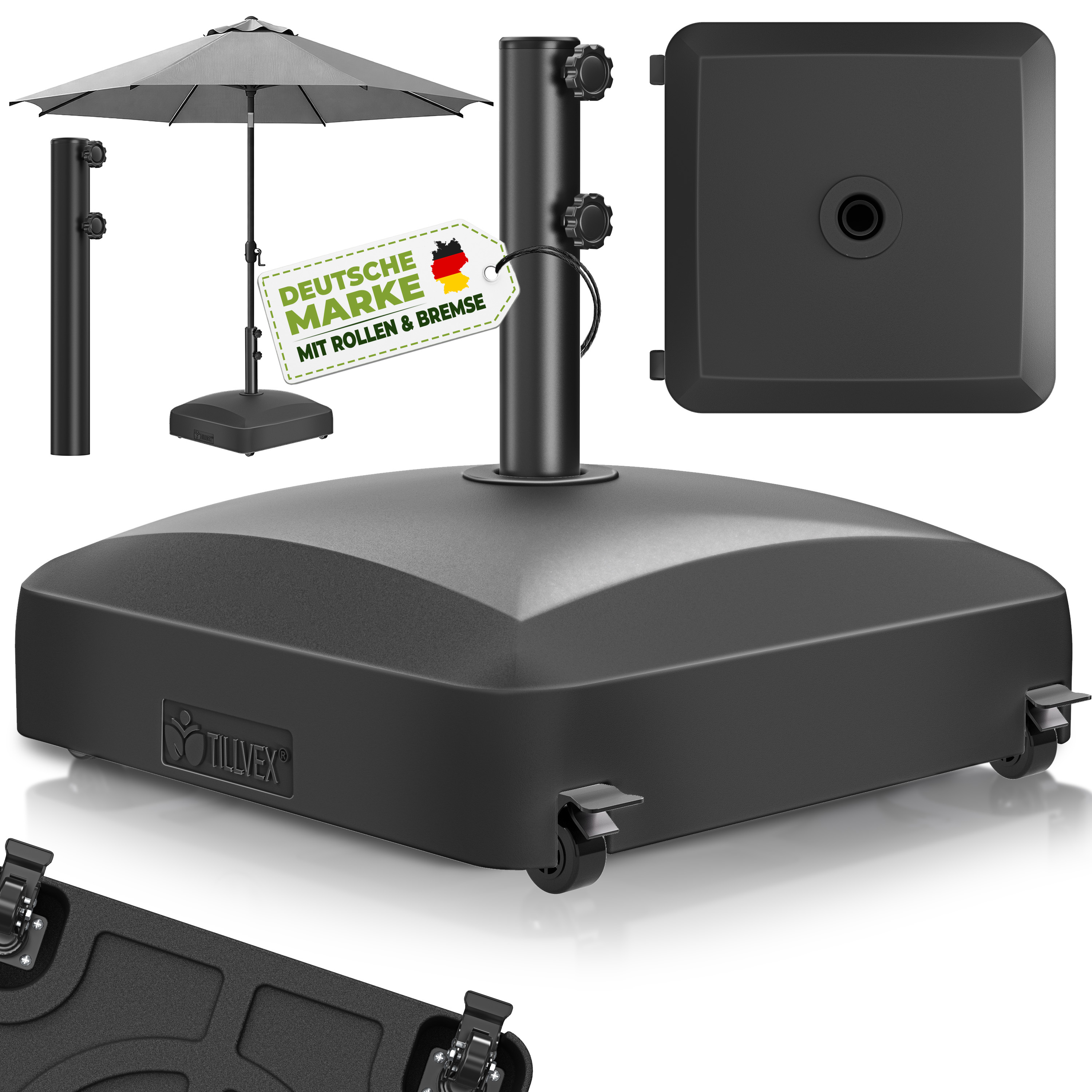 TEMU Tillvex® Supports de parasol avec roues et freins | Support de parapluie remplissable 37 Litres / 56 Kg | Parasol de poids de parapluie et