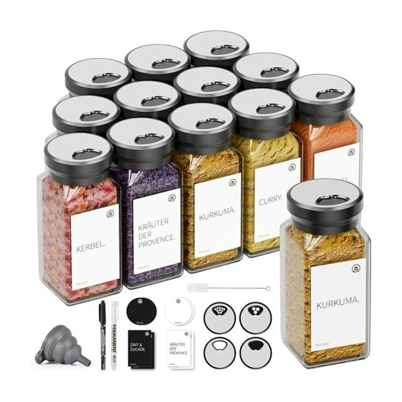 E-shop 12pcs Gewürzgläser Eckig,120ML Gewürzdosen Set mit Streueinsatz,Gewürzstreuer mit Rund Drehdeckel-Starke Versiegelung,Edelstahl-Glas Gewürz