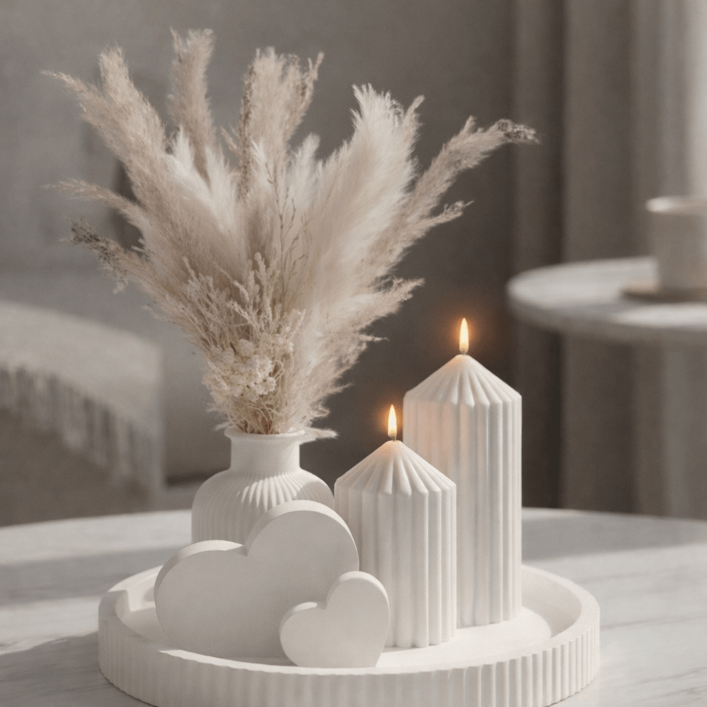 Decorative Set With Vase, Pampas & Candles - White | Handcrafted
