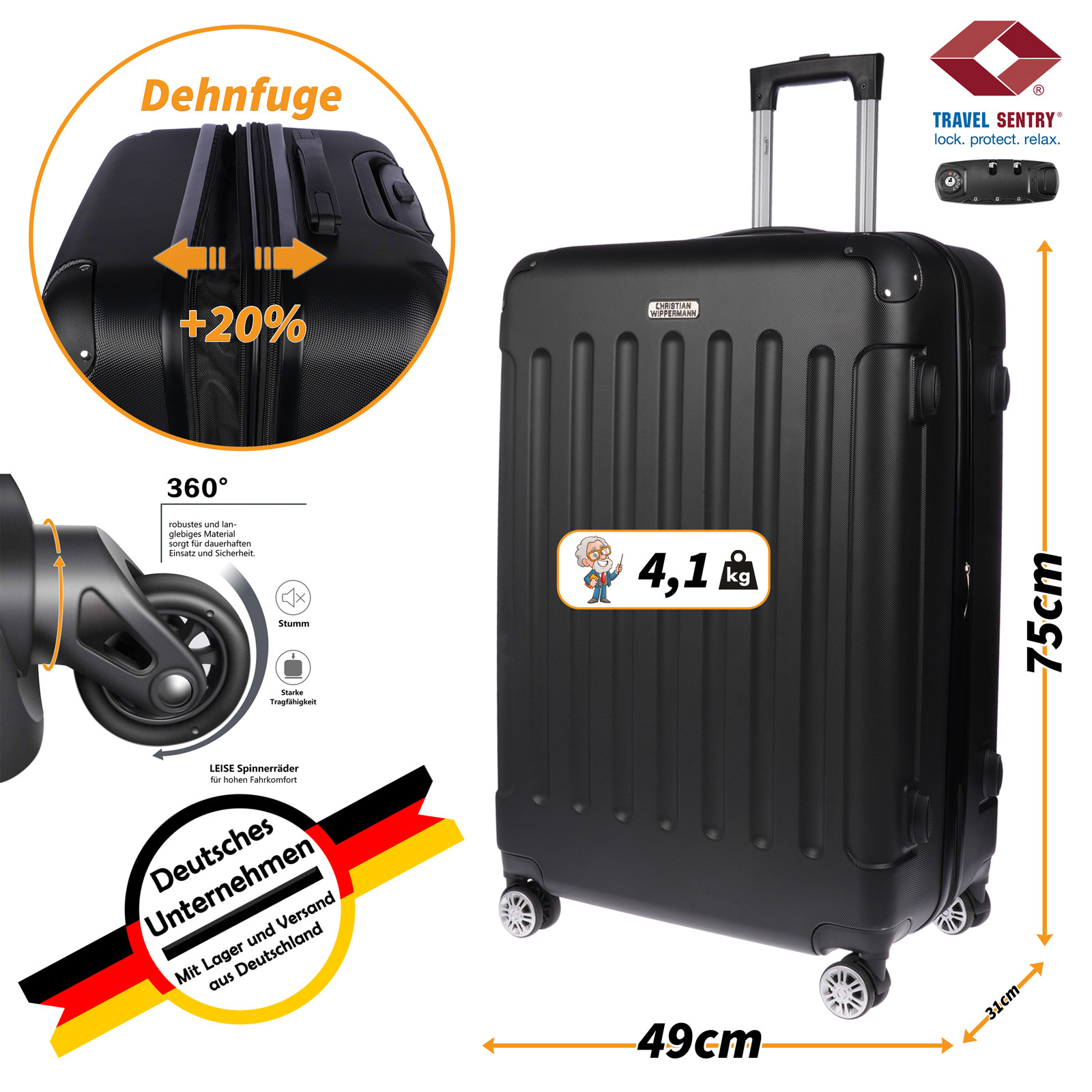 Image of Christian Wippermann Xl Jumbo 4-wheel Suitcase Very Large 49x75x31.5 Cm Lock | Up To 138 , 3.9 Kg Light | For With Expansion Joint