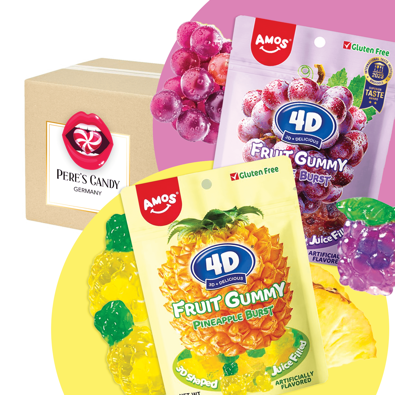 E-shop 2er-Pack - Amos 4D Juicy Duo Pack - 1X Amos 4D Juicy Burst Traubenfrucht Gummibärchen 1X Amos 4D Ananas Burst Frucht Gummibärchen