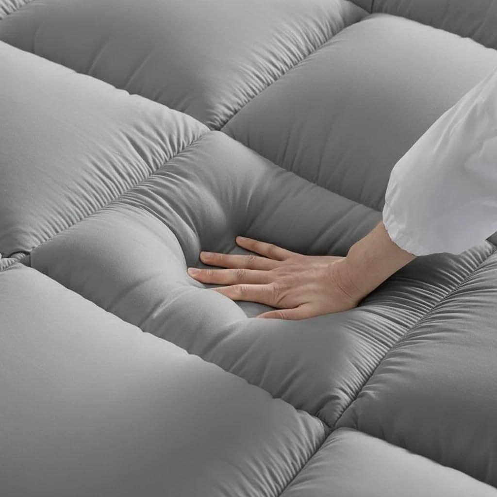 ELAFY Grey 10cm High Loft Mattress Topper | Hotel Quality, Super Soft & Brushed Microfiber Top with Hollowfiber Filling | Elasticized Corner Straps fits up to 40 CM