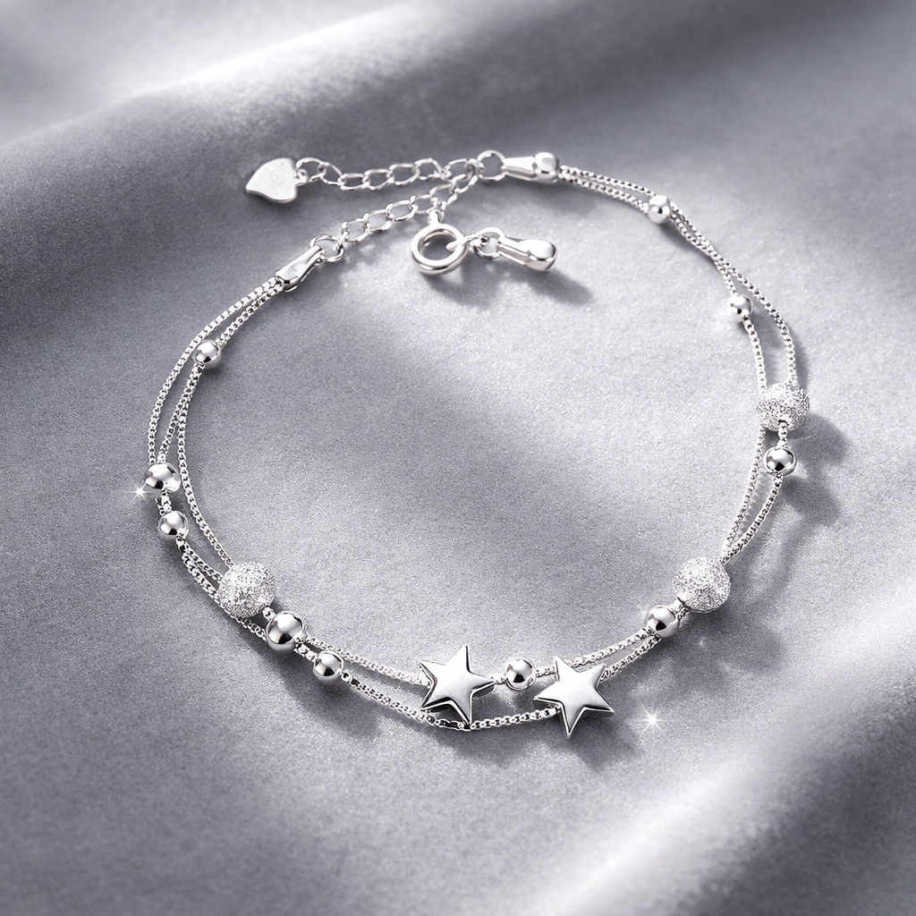 E-shop 925 versilbertes Armband Damen – Doppellagiges Kettenarmband mit Sternen & Kugeln, verstellbar 16+4 cm, filigraner Schmuck für Frauen,