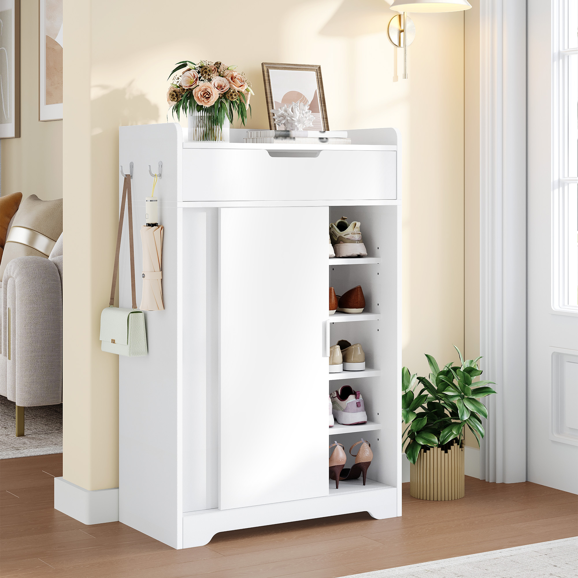 Shoe Cabinet, 5-tier Shoe Rack, Adjustable Partition Walls, Space For 12-15 Pairs Of Shoes, 1 Large Drawer, Silvery-colored Handle, For Entrance Area, Hallway, 36 X 108 Cm, White.