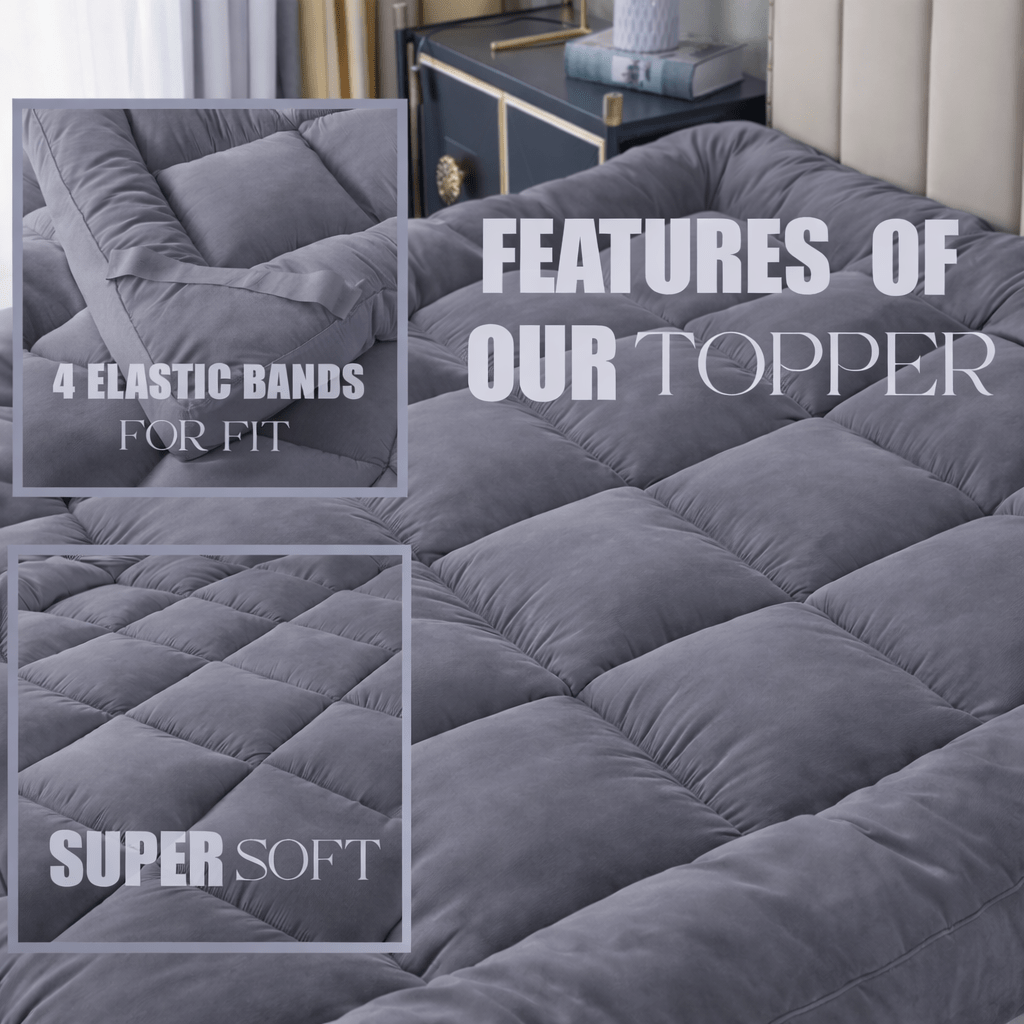 ELAFY Grey 10cm High Loft Mattress Topper | Hotel Quality, Super Soft & Brushed Microfiber Top with Hollowfiber Filling | Elasticized Corner Straps fits up to 40 CM