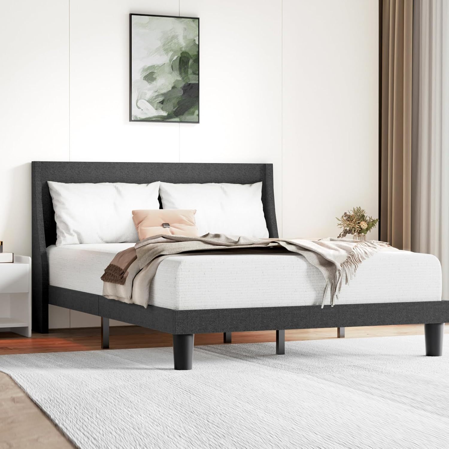 upholstered bed frame   velvet gray green double sizes 4ft6 modern platform bed frame with winged headboard sturdy wood slat support   spring needed mattress foundation