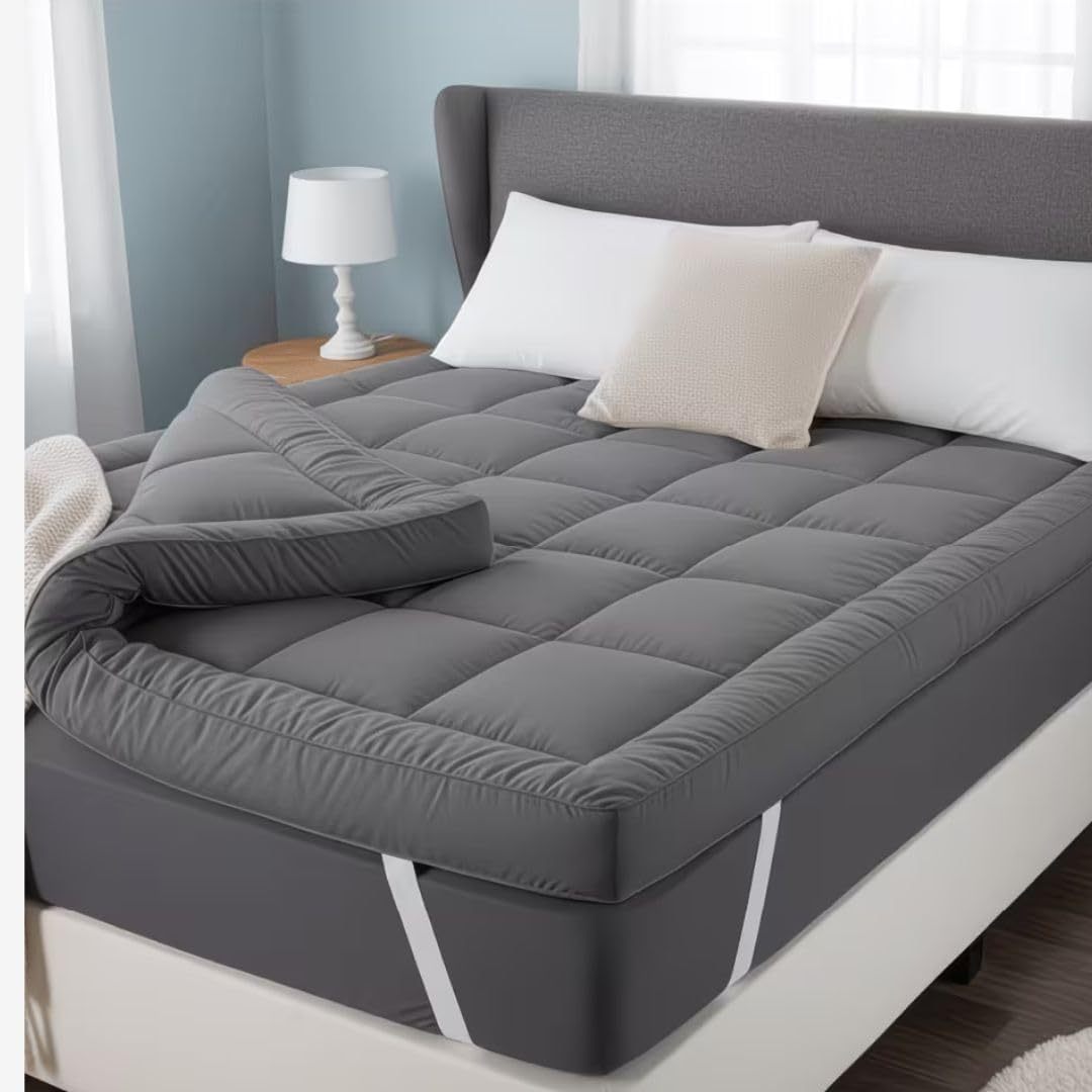 ELAFY Grey 10cm High Loft Mattress Topper | Hotel Quality, Super Soft & Brushed Microfiber Top with Hollowfiber Filling | Elasticized Corner Straps fits up to 40 CM