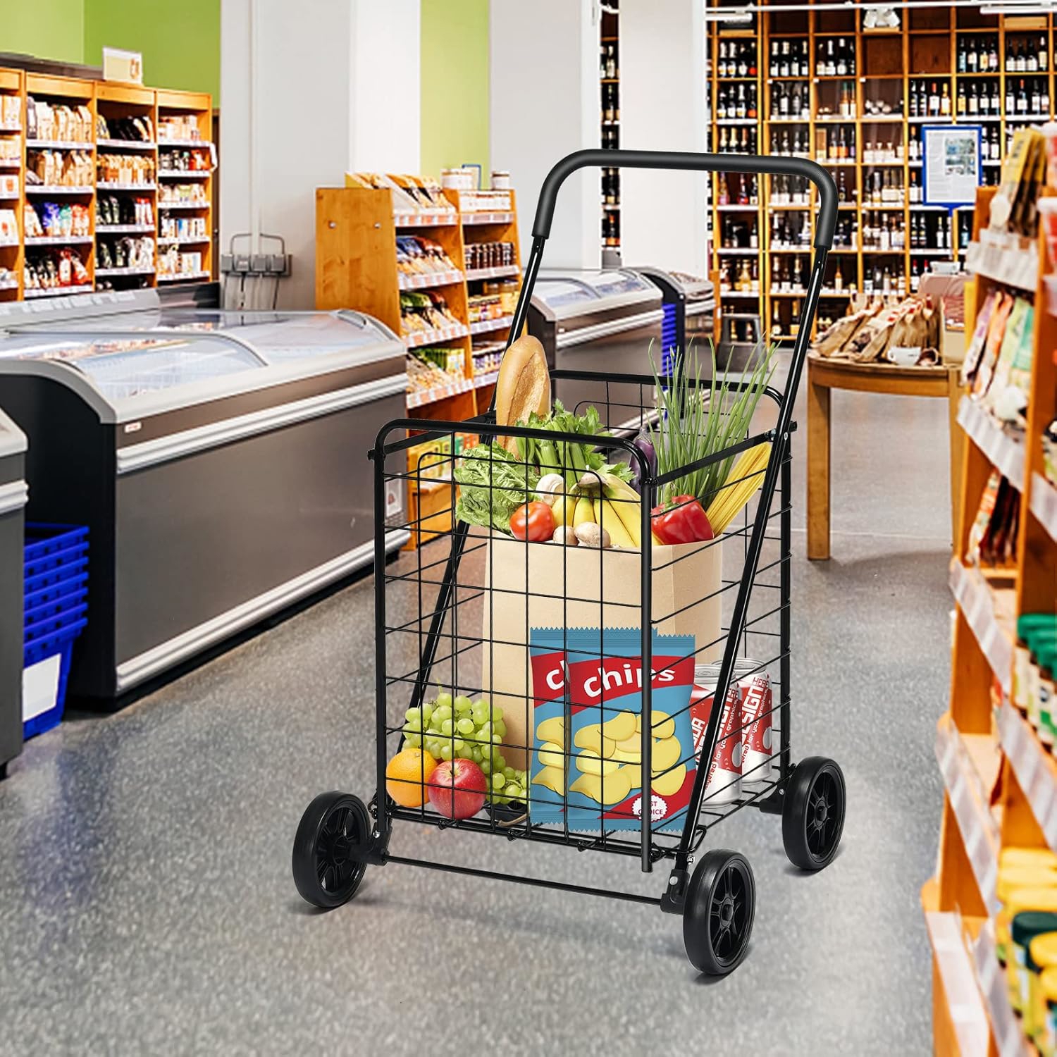 Image of Folding Shopping Car With Wheels For Groceries, Metal Grocery Cart With 22 Gal Large Basket, 100 Lbs Weight Capacity