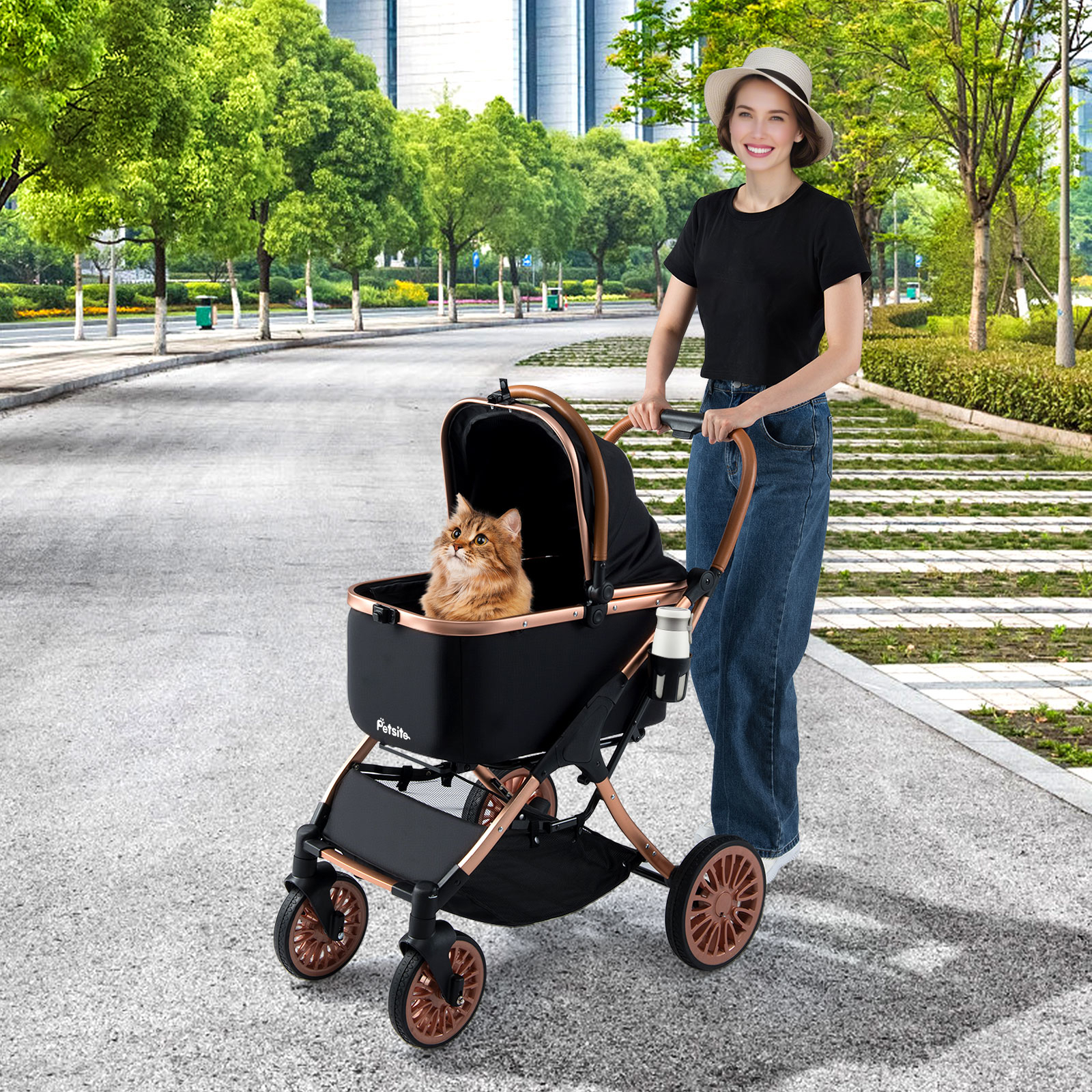 4-wheel Pet Stroller, 3-in-1 Foldable Dog Stroller With Detachable Carrier, Sun Shade, Storage Basket, Cup Holder