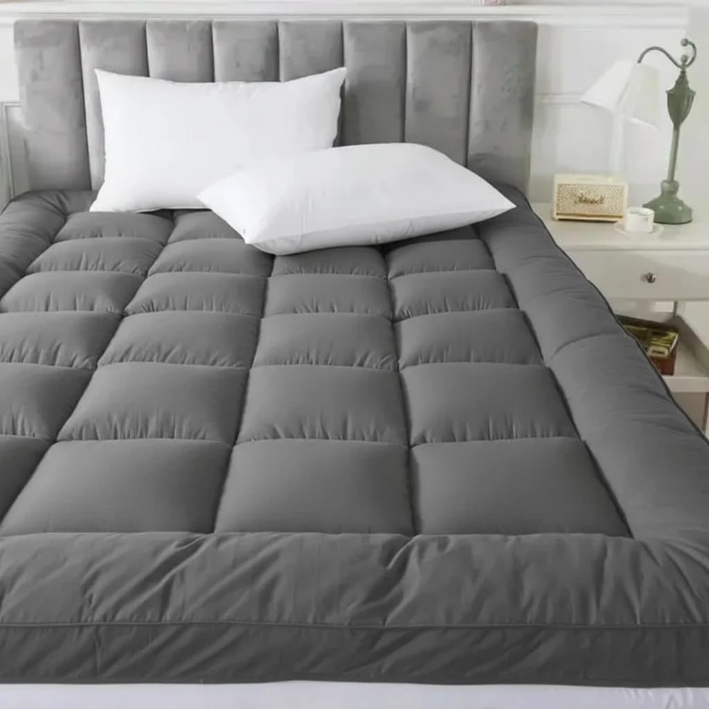 ELAFY Grey 10cm High Loft Mattress Topper | Hotel Quality, Super Soft & Brushed Microfiber Top with Hollowfiber Filling | Elasticized Corner Straps fits up to 40 CM