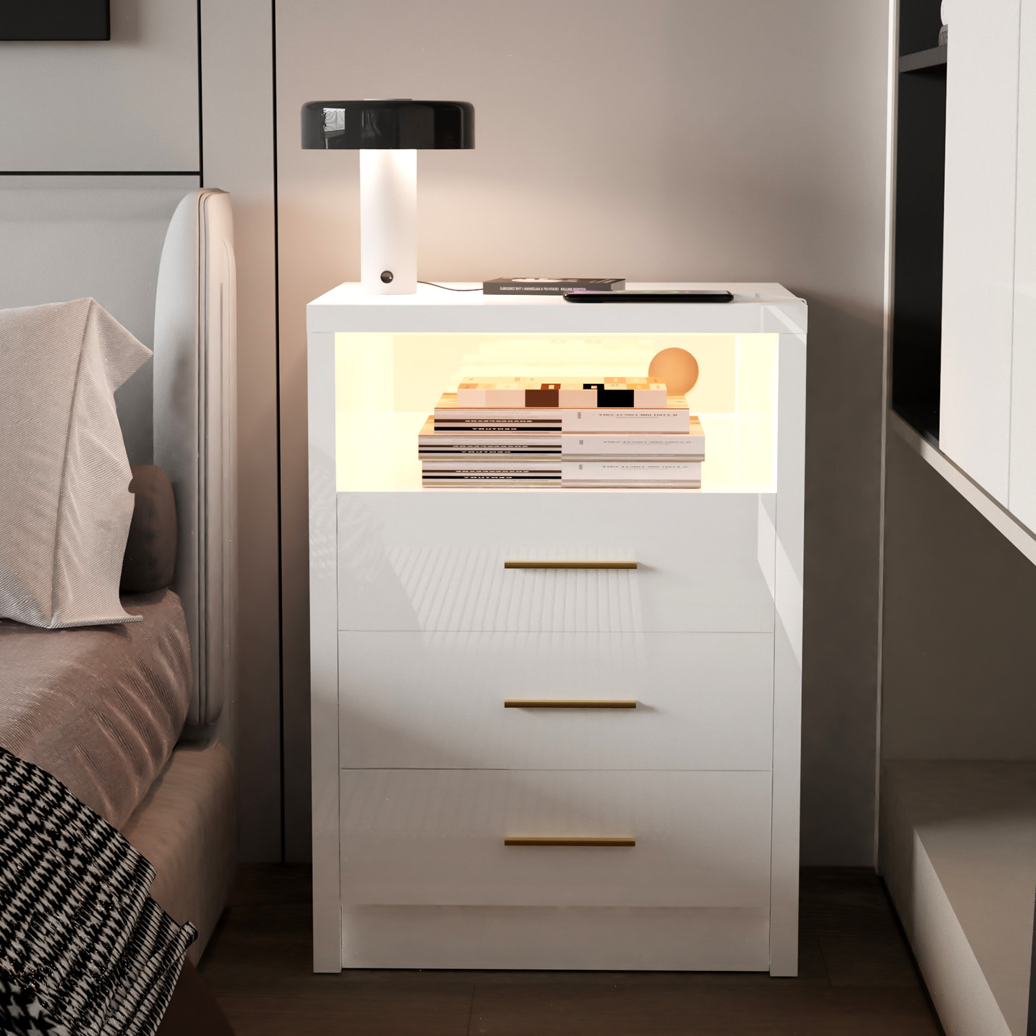 Modern Nightstand With 2/3 Drawers And Open Storage Compartment, Night Table With Led Lights, Night Commode For Bedroom, Living Room, Side Table, White/black