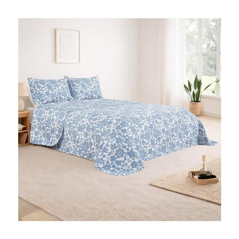 TEMU Colcha Estampada Cama 135/ 150/180cm, Cubre Cama Reversible con 2 Fundas de Cojín, y Verano,Vintage Floral Azul