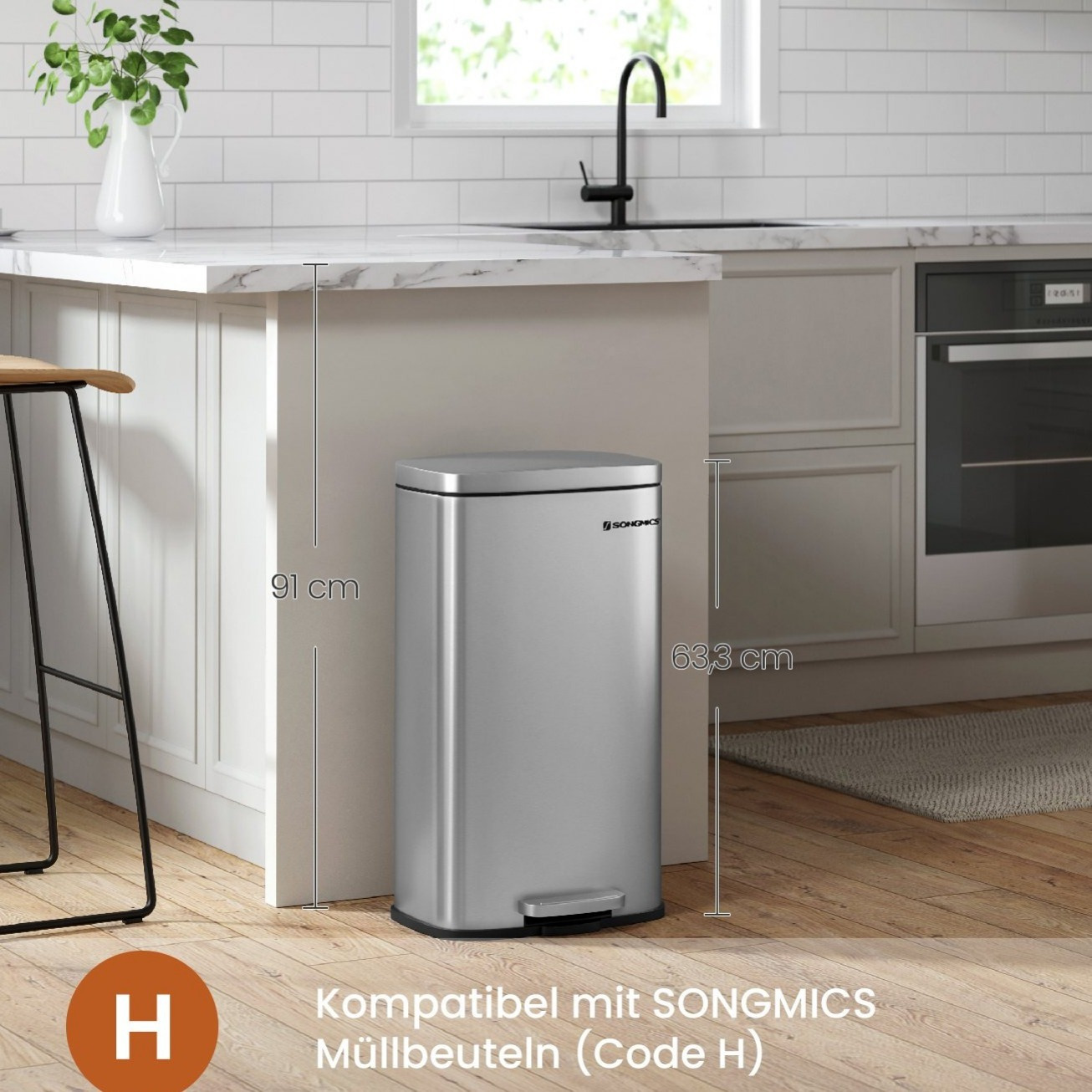 Trash Can Kitchen, 30 , Waste Bin, Step-on Trash Can With Lid And Inner Bucket, 34.8 X 29.7 .3 Cm, Pedal Bin, Steel