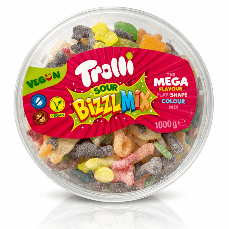 Image of Trolli Bizzlmix Sour 1000g Vegan Candy, The Mega Flavor Shape Color Mix!! Family Pack For Sharing And Enjoying, Perfect For Party Or Office.