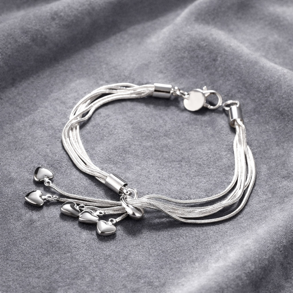 Image of Ladies' 925 Silvery-plated 5-row Bracelet With Heart Pendants - Elegant Jewelry Bracelet For Girls, Popular Birthday Gift