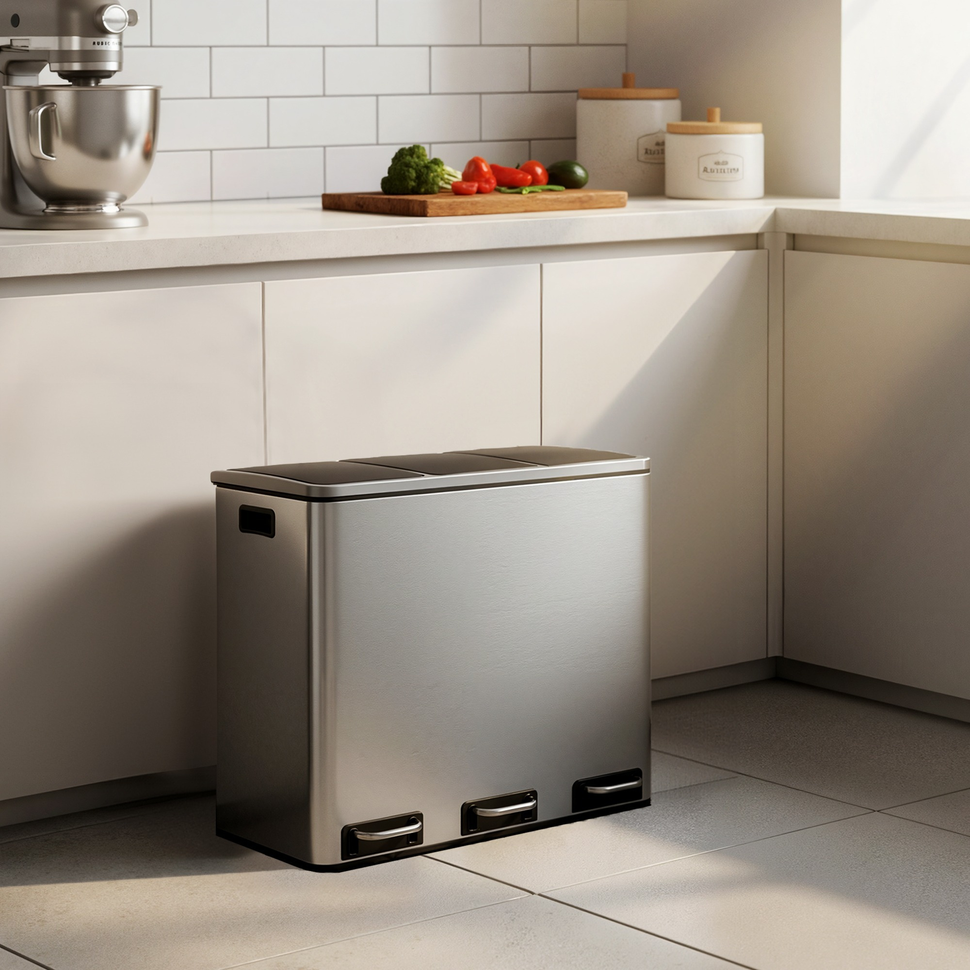Kitchen Trash Can, 3 X 18 L, 3-compartment Waste Sorting System, With Inner Bucket, Includes 15 Trash Bags, Waste Bin, Step-on Bin, With Lid